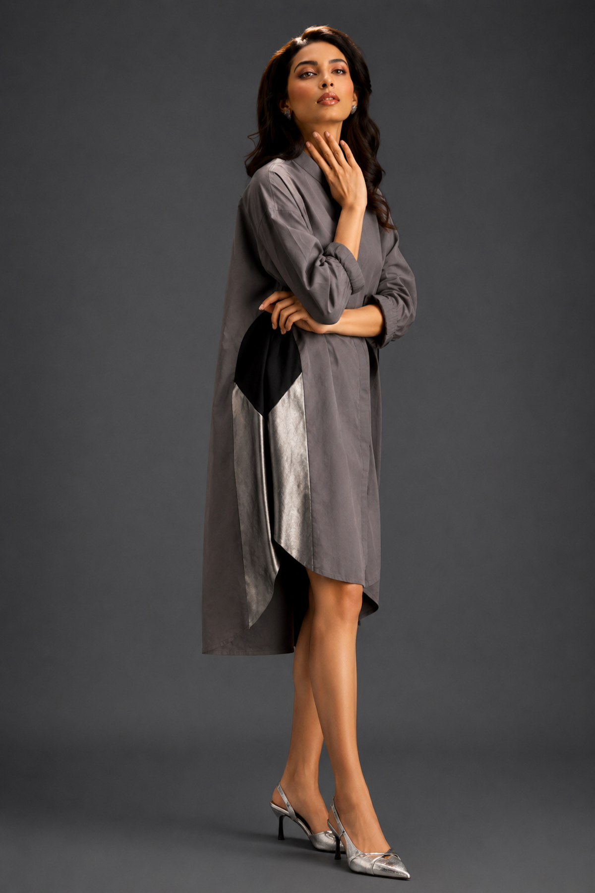 Oversized Warm Grey Shirt Dress With Black And Metallic Side Panels