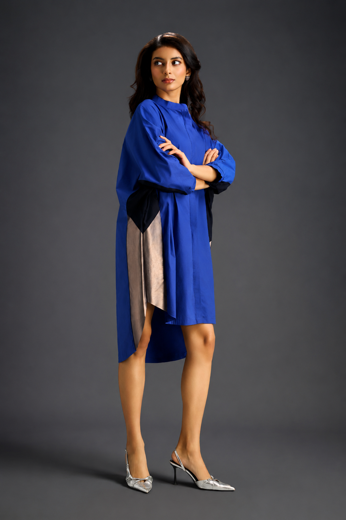 Oversized Blue Shirt Dress With Black And Metallic Side Panels