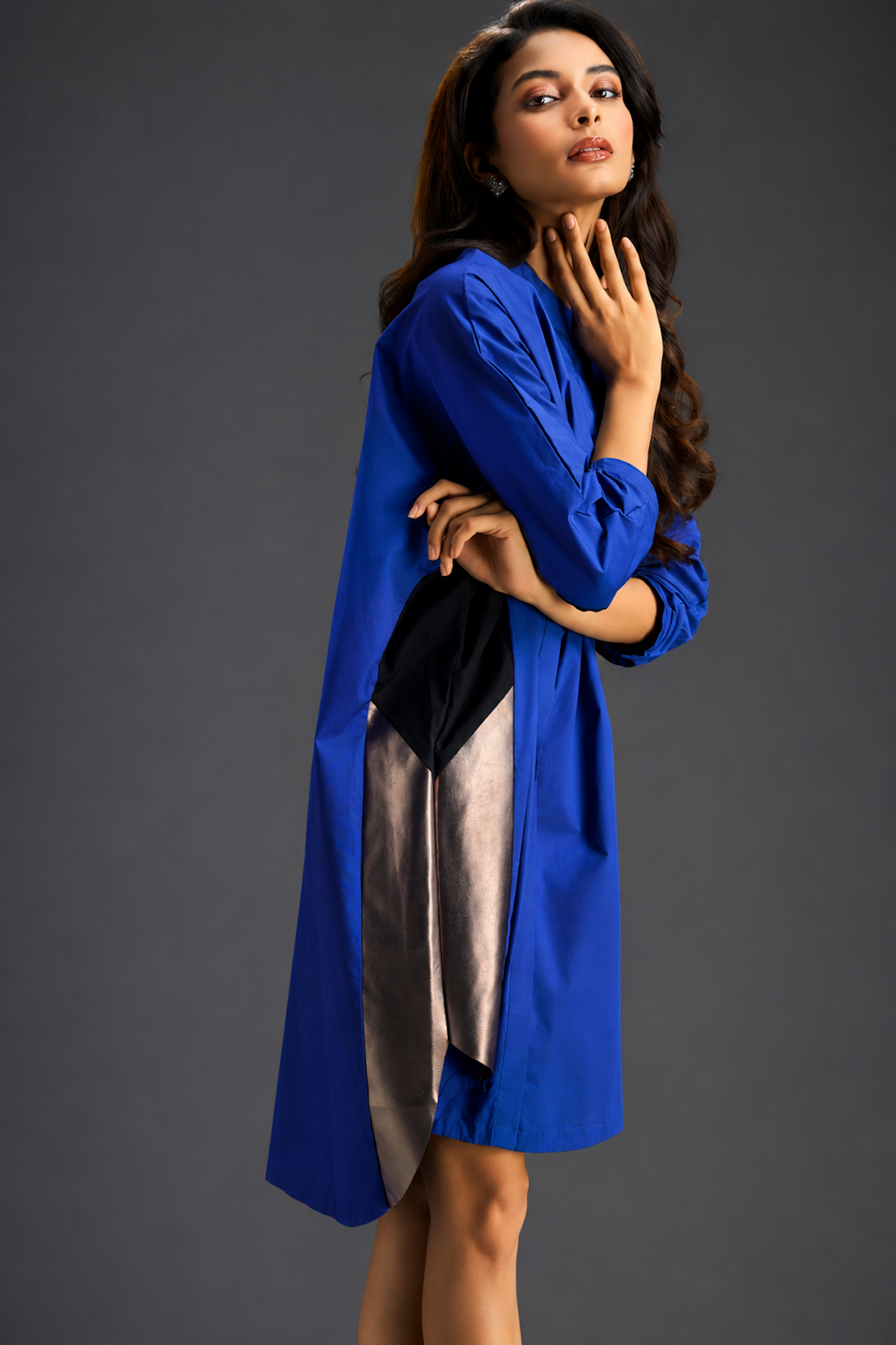 Oversized Blue Shirt Dress With Black And Metallic Side Panels