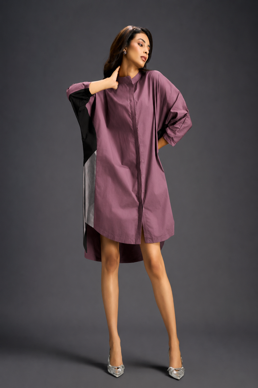 Oversized Pink Shirt Dress With Black And Metallic Side Panels