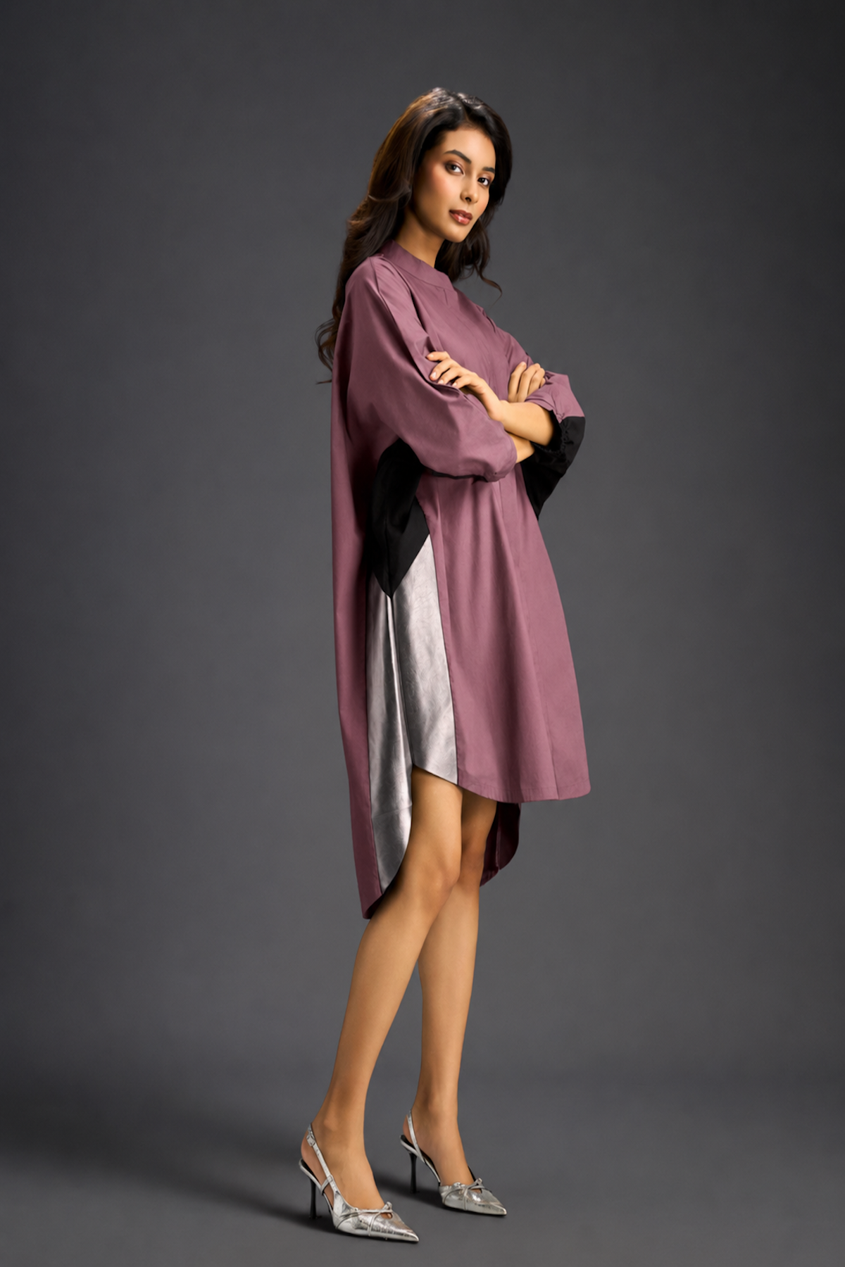 Oversized Pink Shirt Dress With Black And Metallic Side Panels