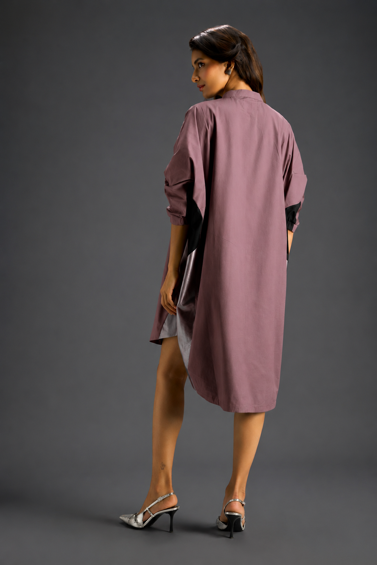 Oversized Pink Shirt Dress With Black And Metallic Side Panels
