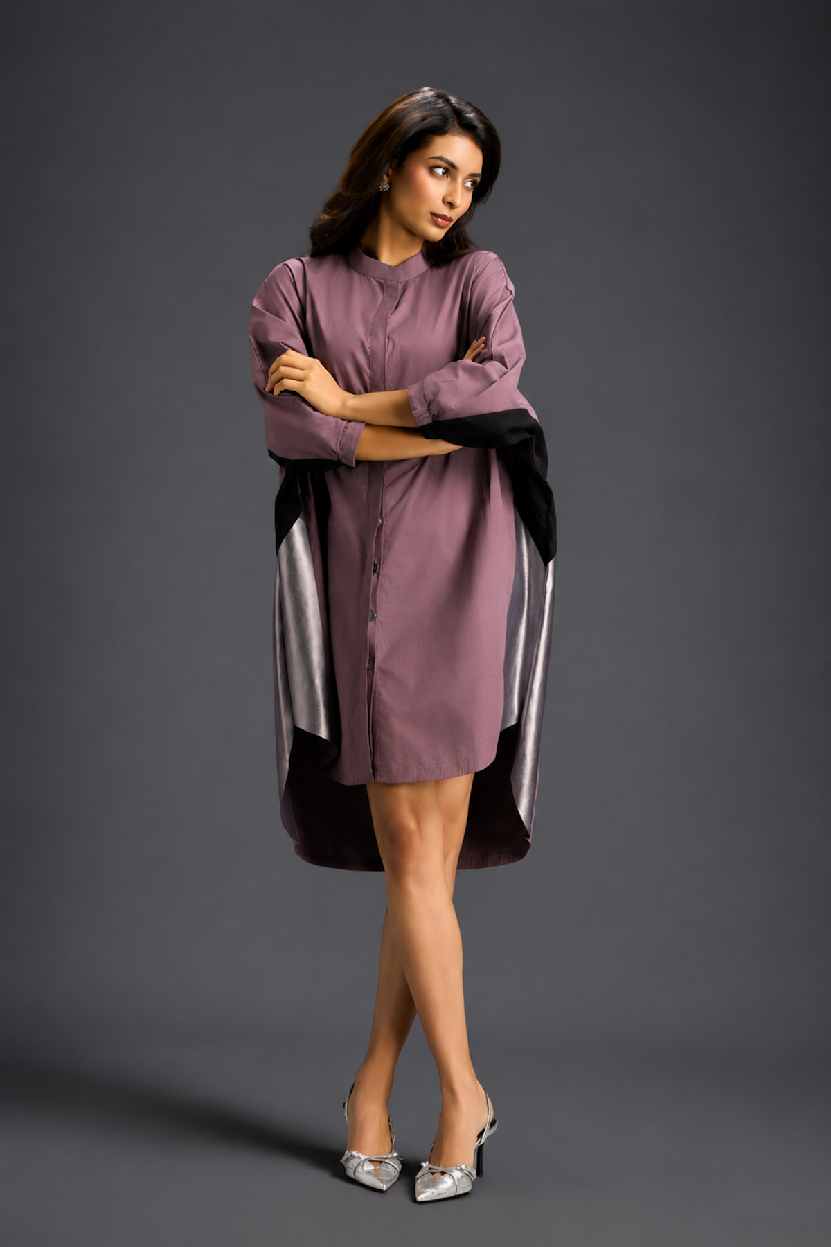 Oversized Pink Shirt Dress With Black And Metallic Side Panels