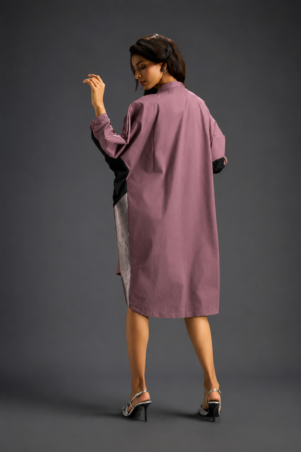Oversized Pink Shirt Dress With Black And Metallic Side Panels