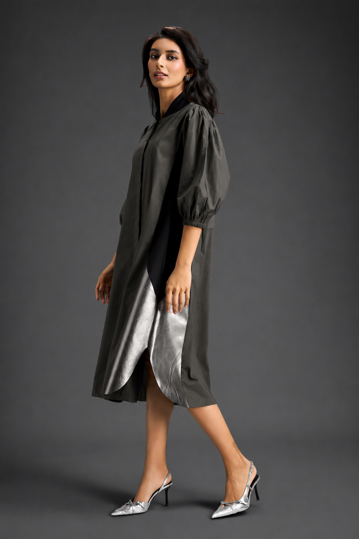 Dark Green Shirt Dress With Black Panels And Metallic Side Detailing