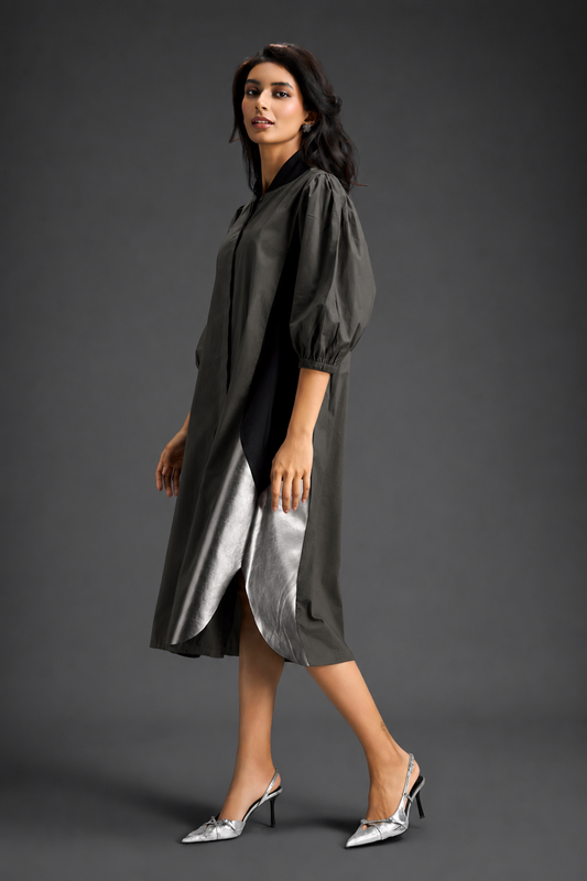 Dark Green Shirt Dress With Black Panels And Metallic Side Detailing