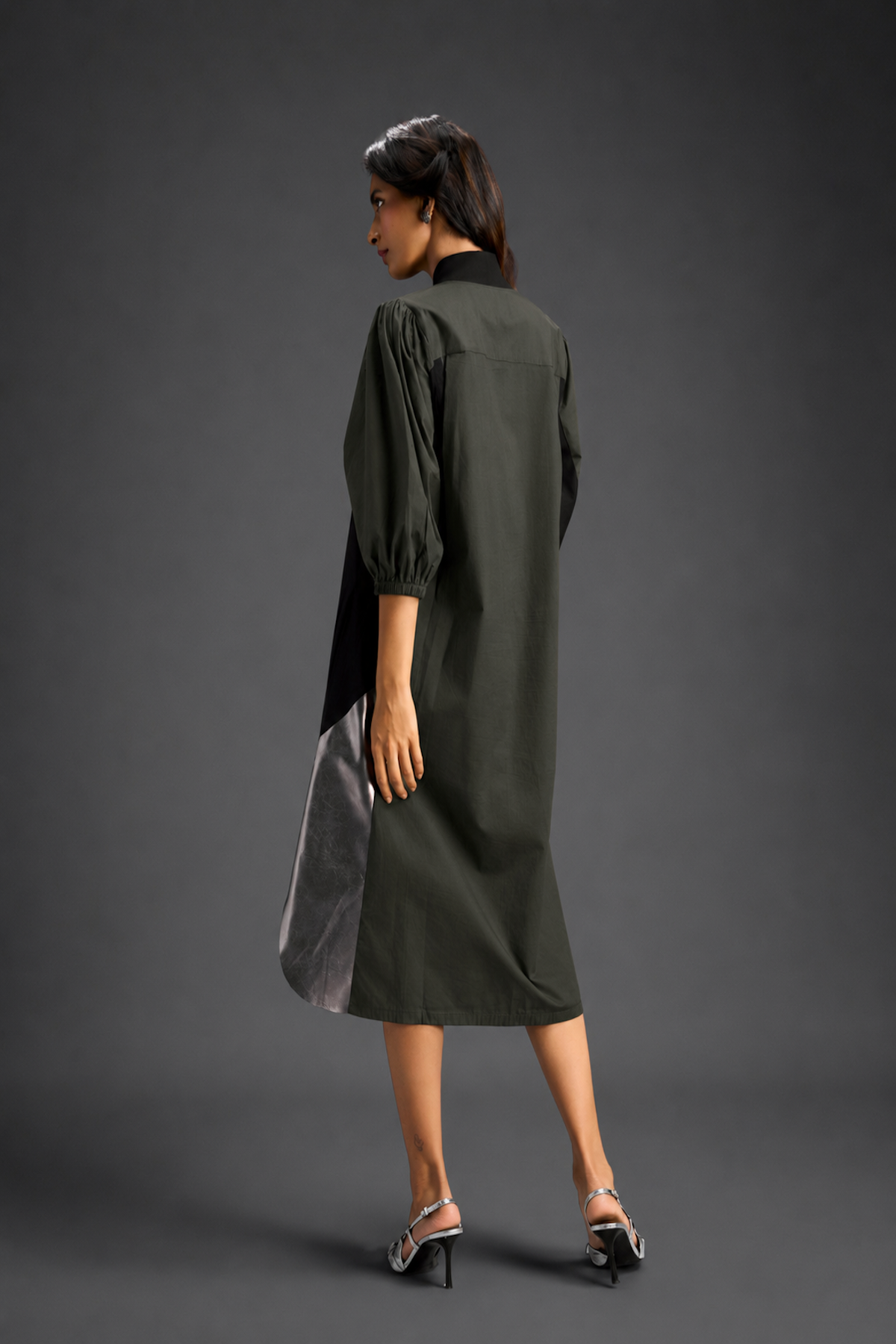 Dark Green Shirt Dress With Black Panels And Metallic Side Detailing