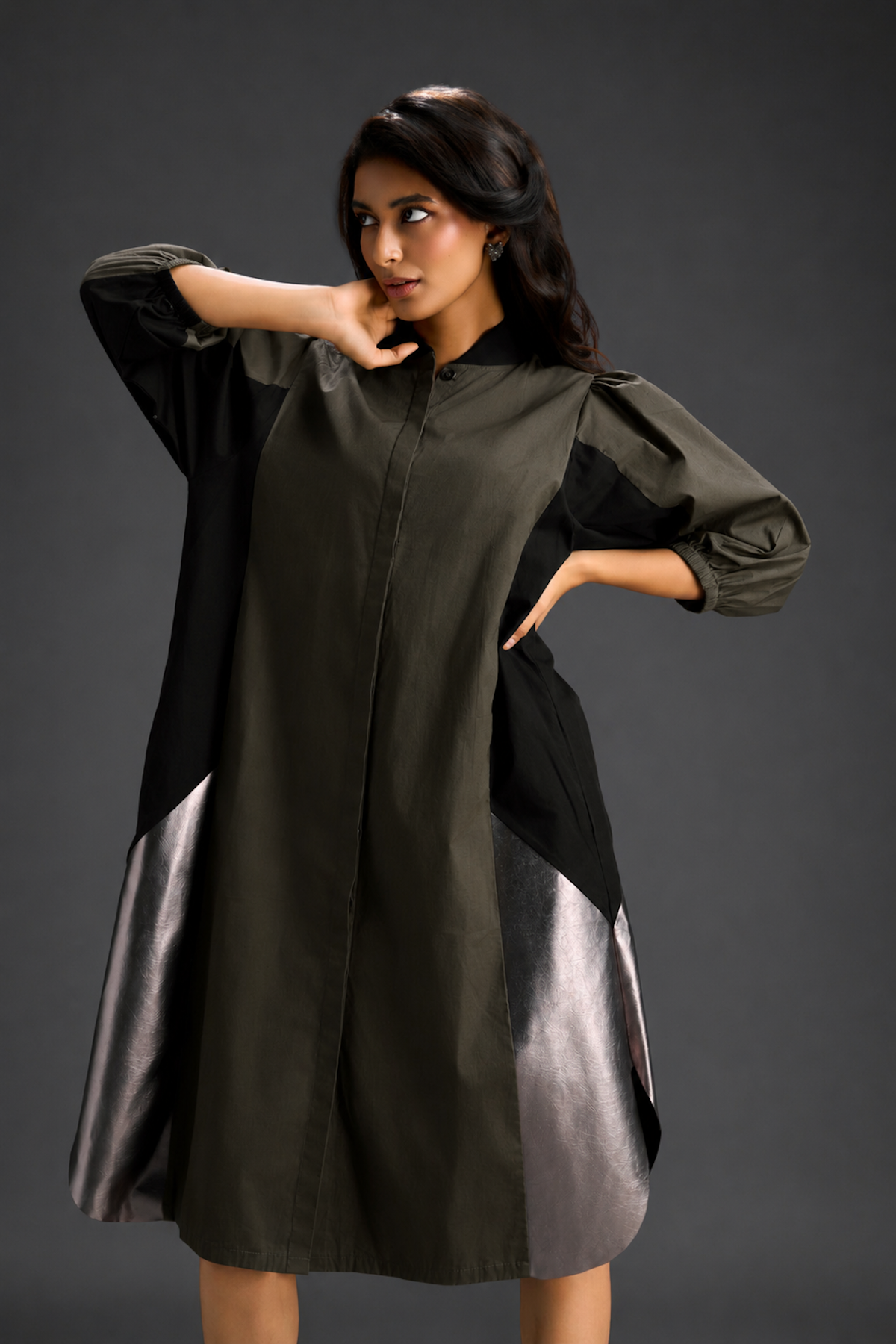 Dark Green Shirt Dress With Black Panels And Metallic Side Detailing