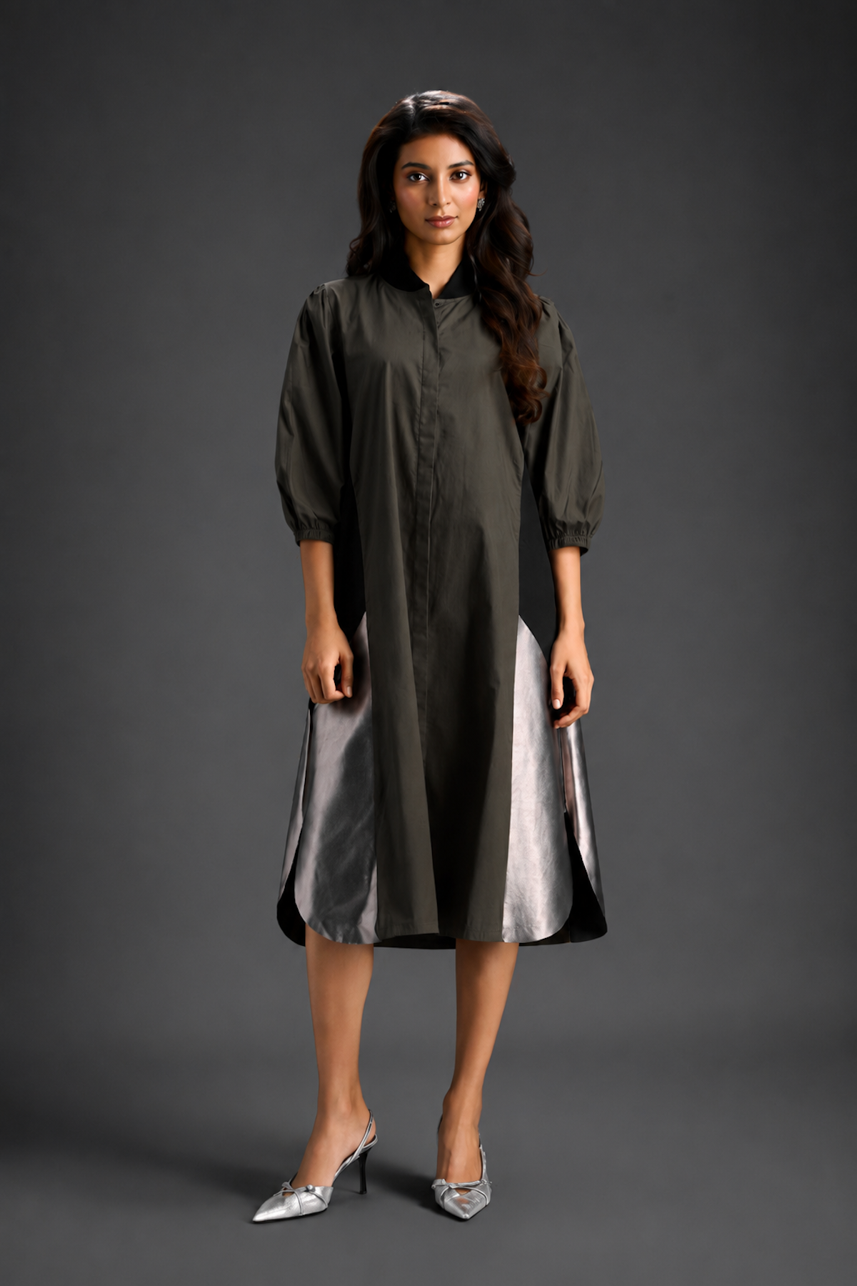 Dark Green Shirt Dress With Black Panels And Metallic Side Detailing