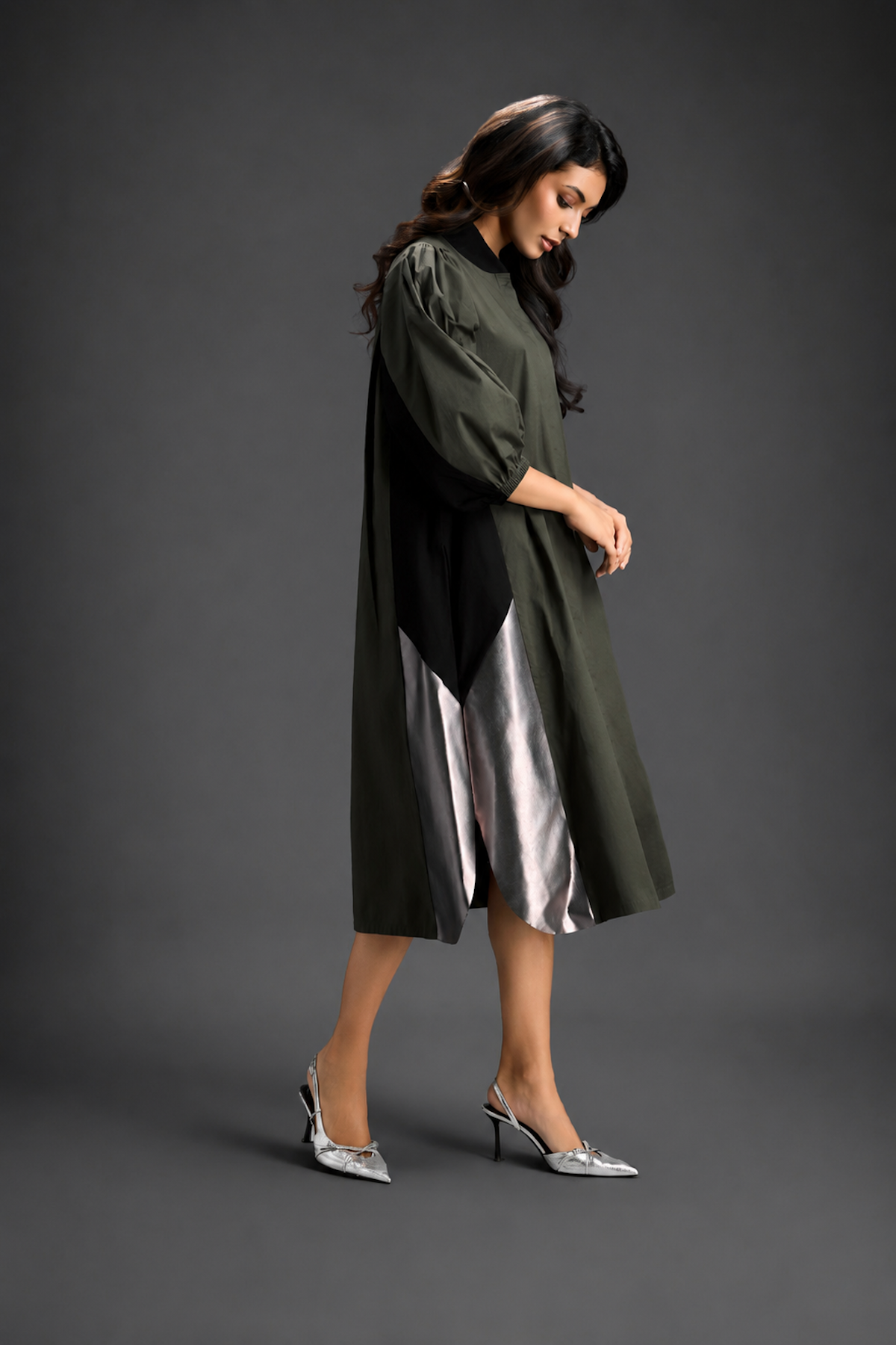 Dark Green Shirt Dress With Black Panels And Metallic Side Detailing