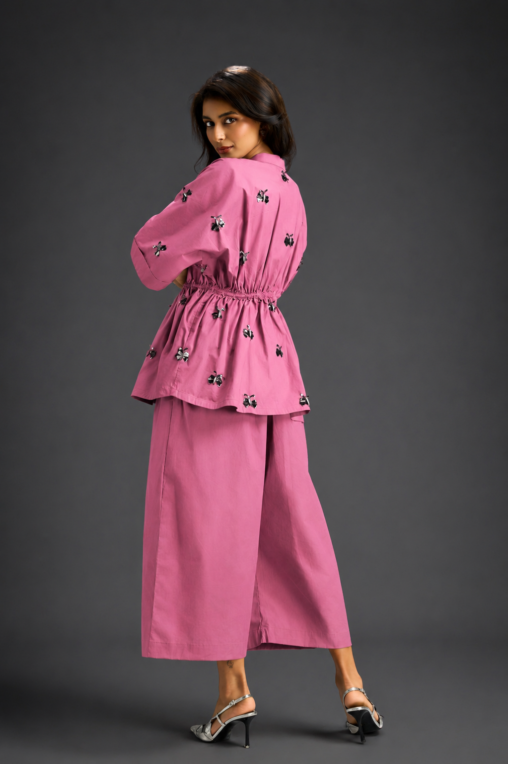 Pink Butterfly Embellished Drawstring Shirt & Wide-Leg Pants Set