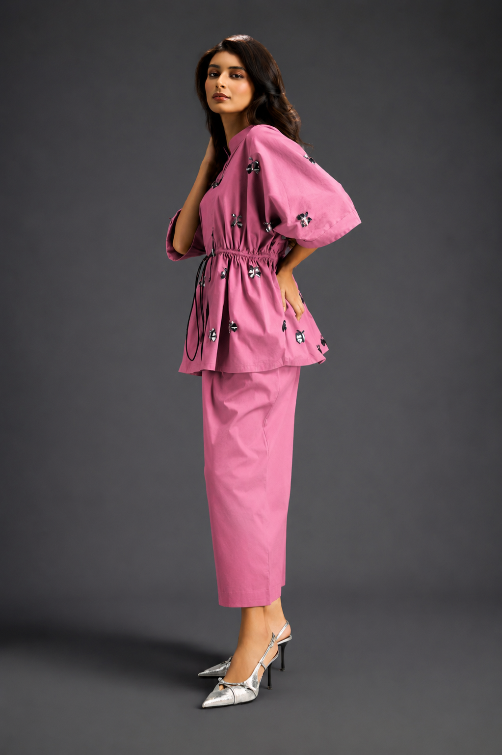 Pink Butterfly Embellished Drawstring Shirt & Wide-Leg Pants Set