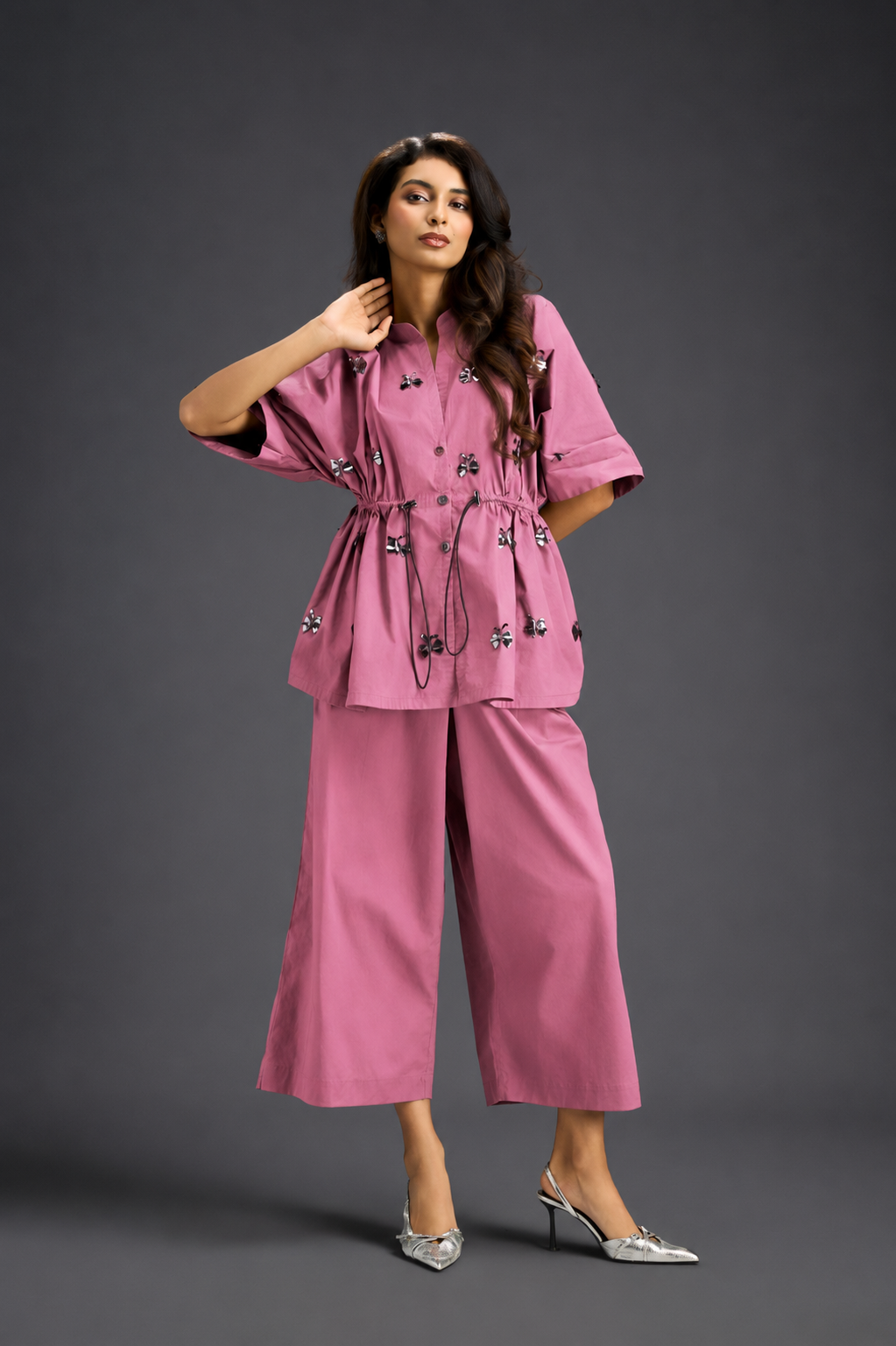 Pink Butterfly Embellished Drawstring Shirt & Wide-Leg Pants Set