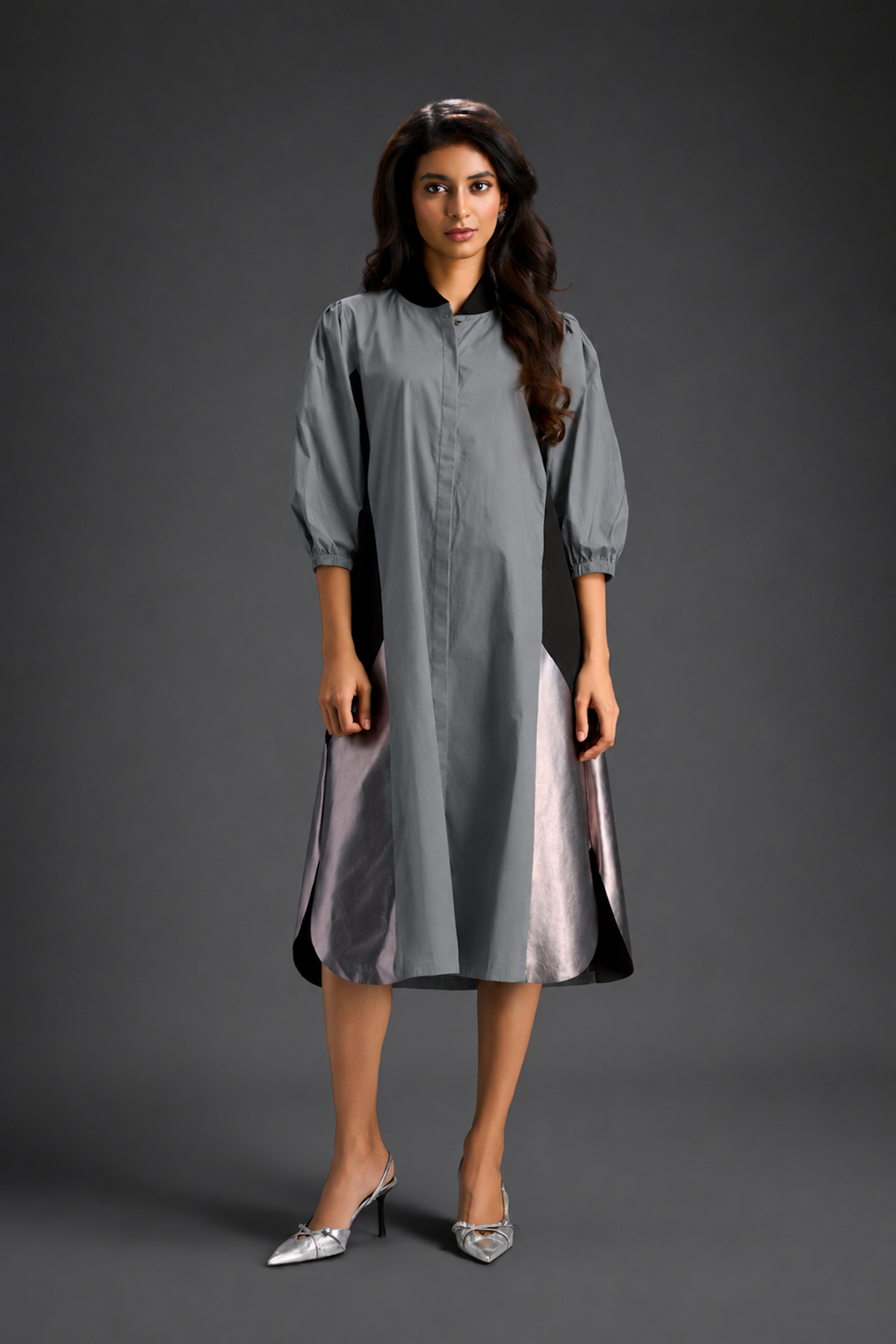 Cool Grey Shirt Dress With Black Panels And Metallic Side Detailing