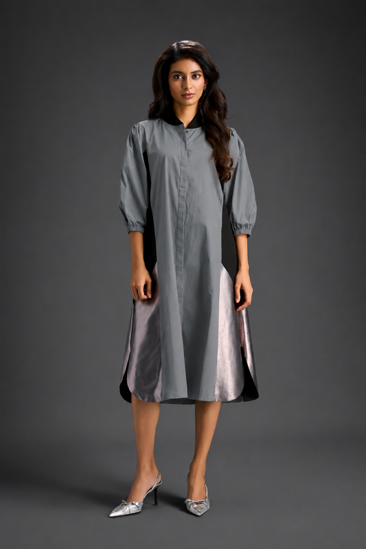 Cool Grey Shirt Dress With Black Panels And Metallic Side Detailing