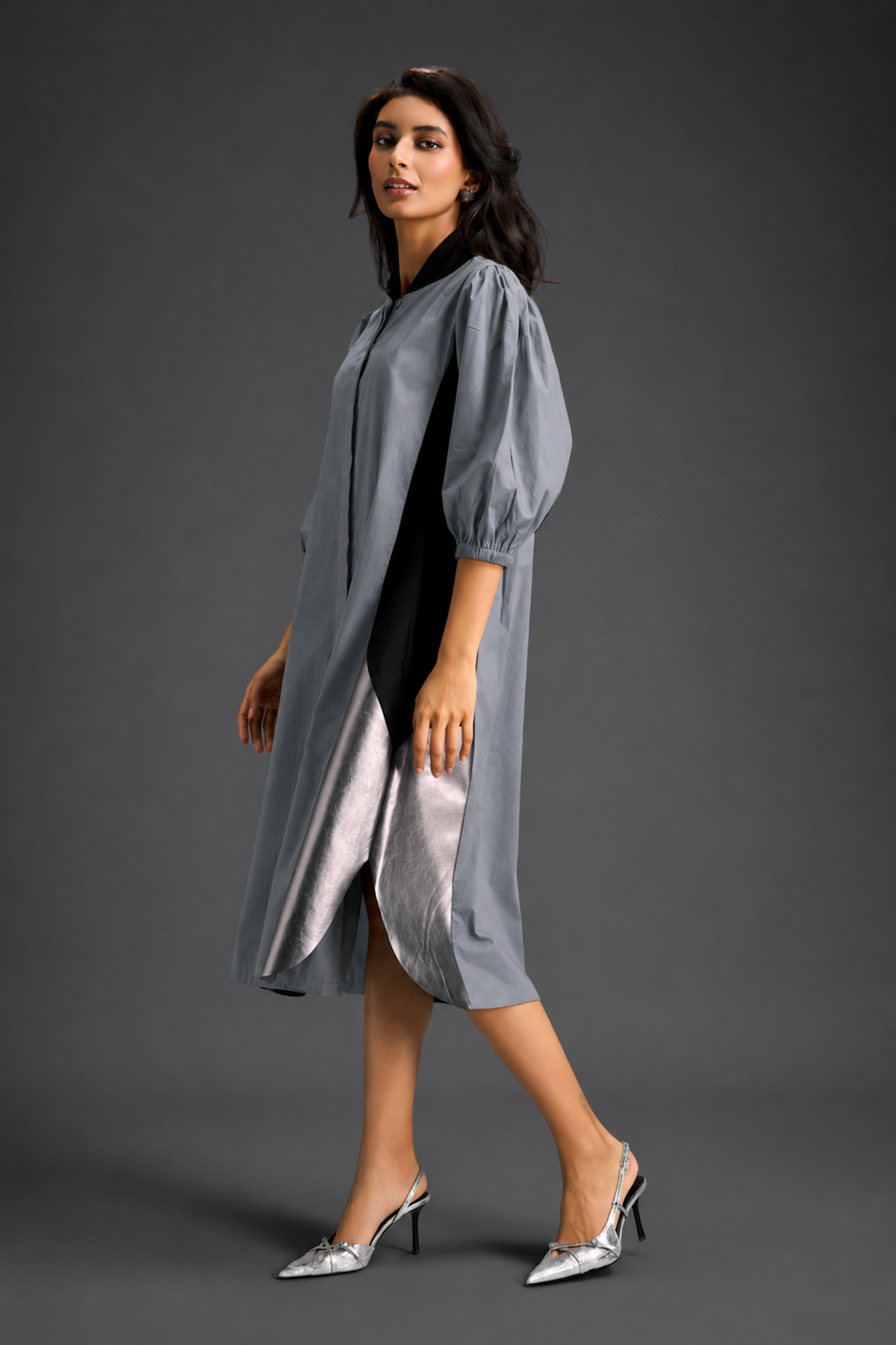 Cool Grey Shirt Dress With Black Panels And Metallic Side Detailing