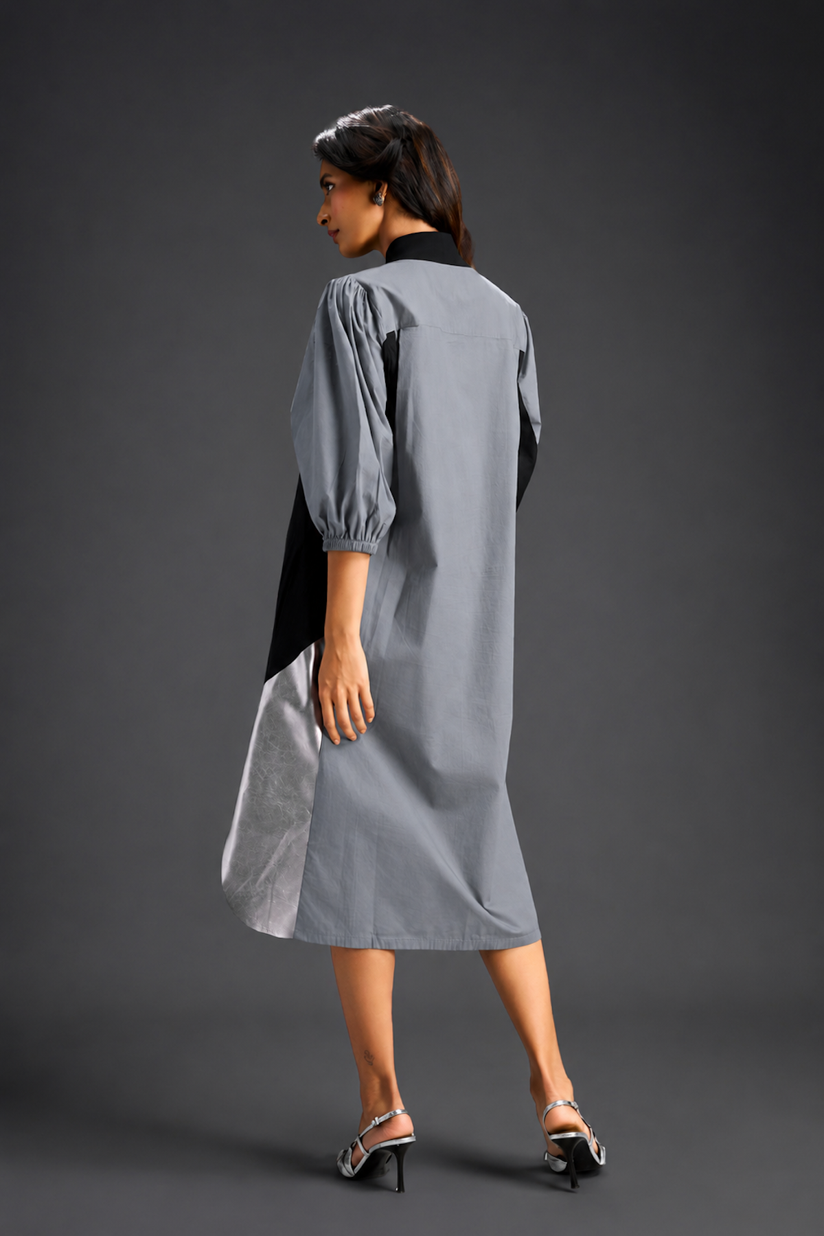 Cool Grey Shirt Dress With Black Panels And Metallic Side Detailing