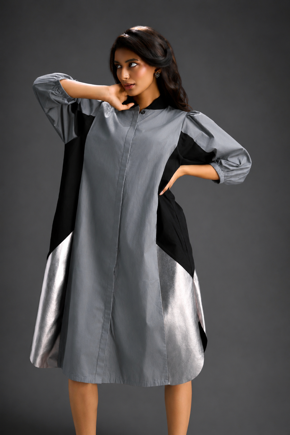 Cool Grey Shirt Dress With Black Panels And Metallic Side Detailing
