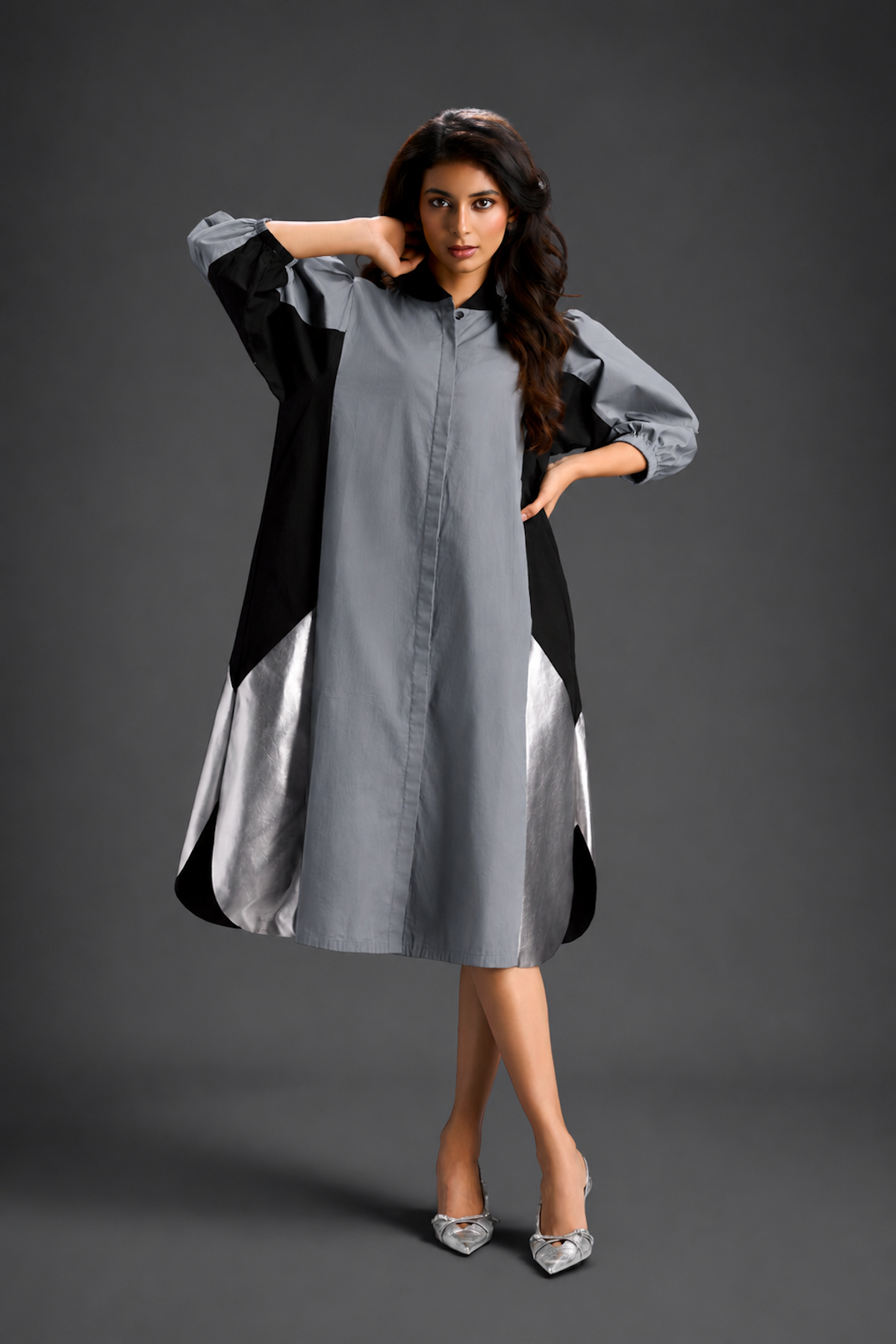 Cool Grey Shirt Dress With Black Panels And Metallic Side Detailing