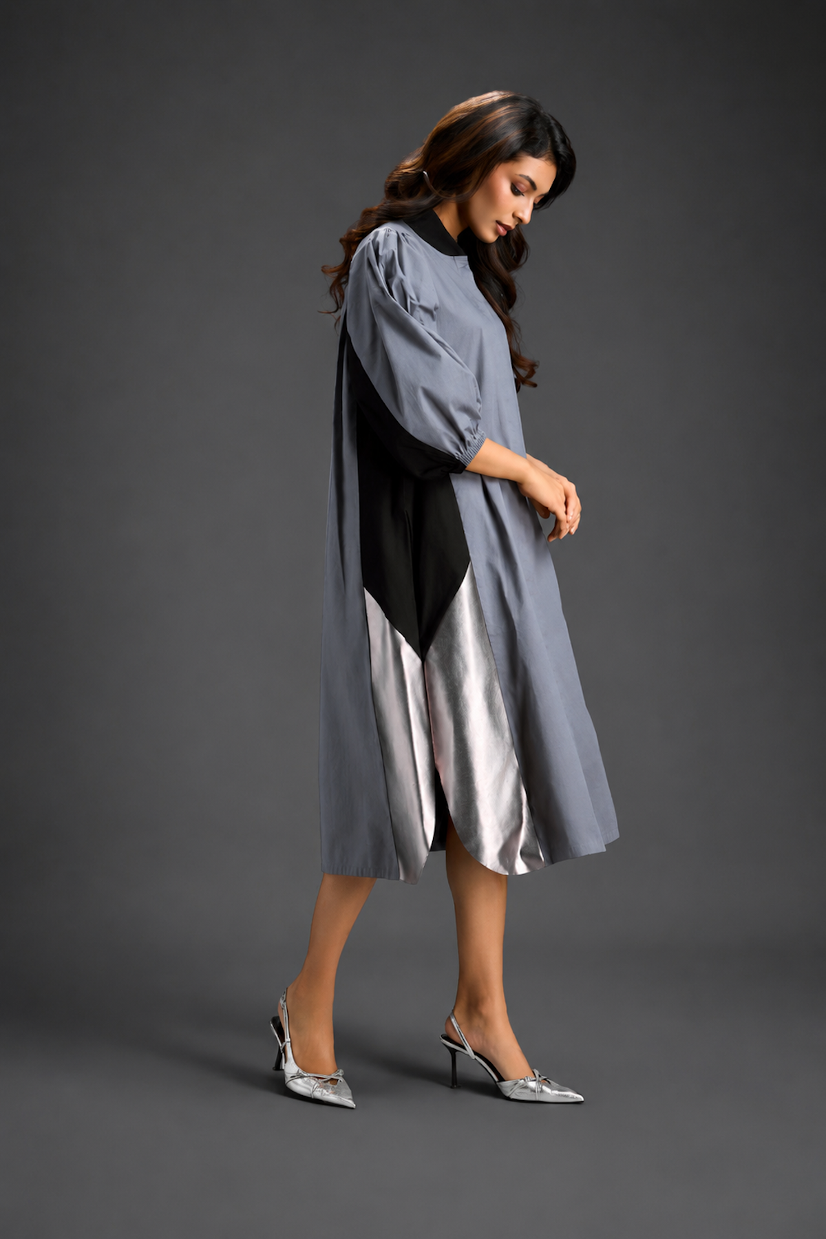 Cool Grey Shirt Dress With Black Panels And Metallic Side Detailing