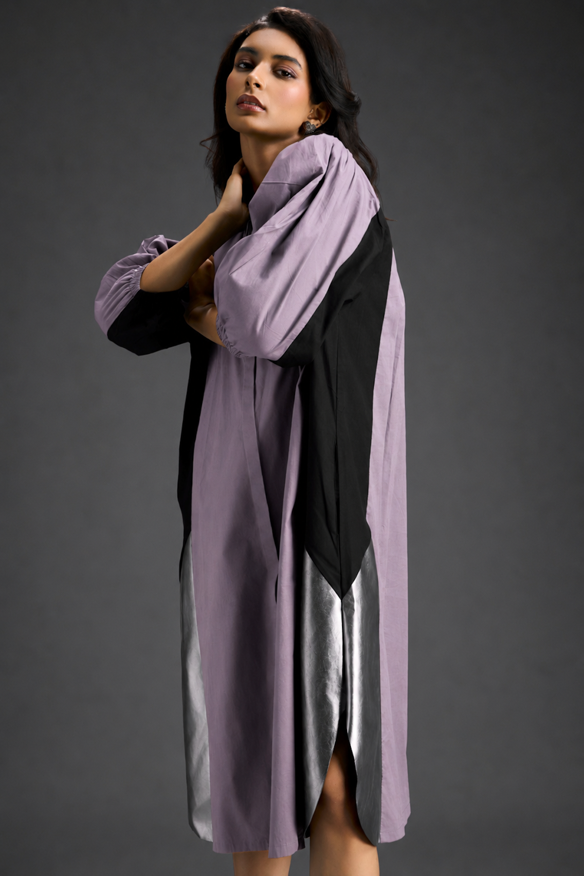 Ash Pink Shirt Dress With Black Panels And Metallic Side Detailing