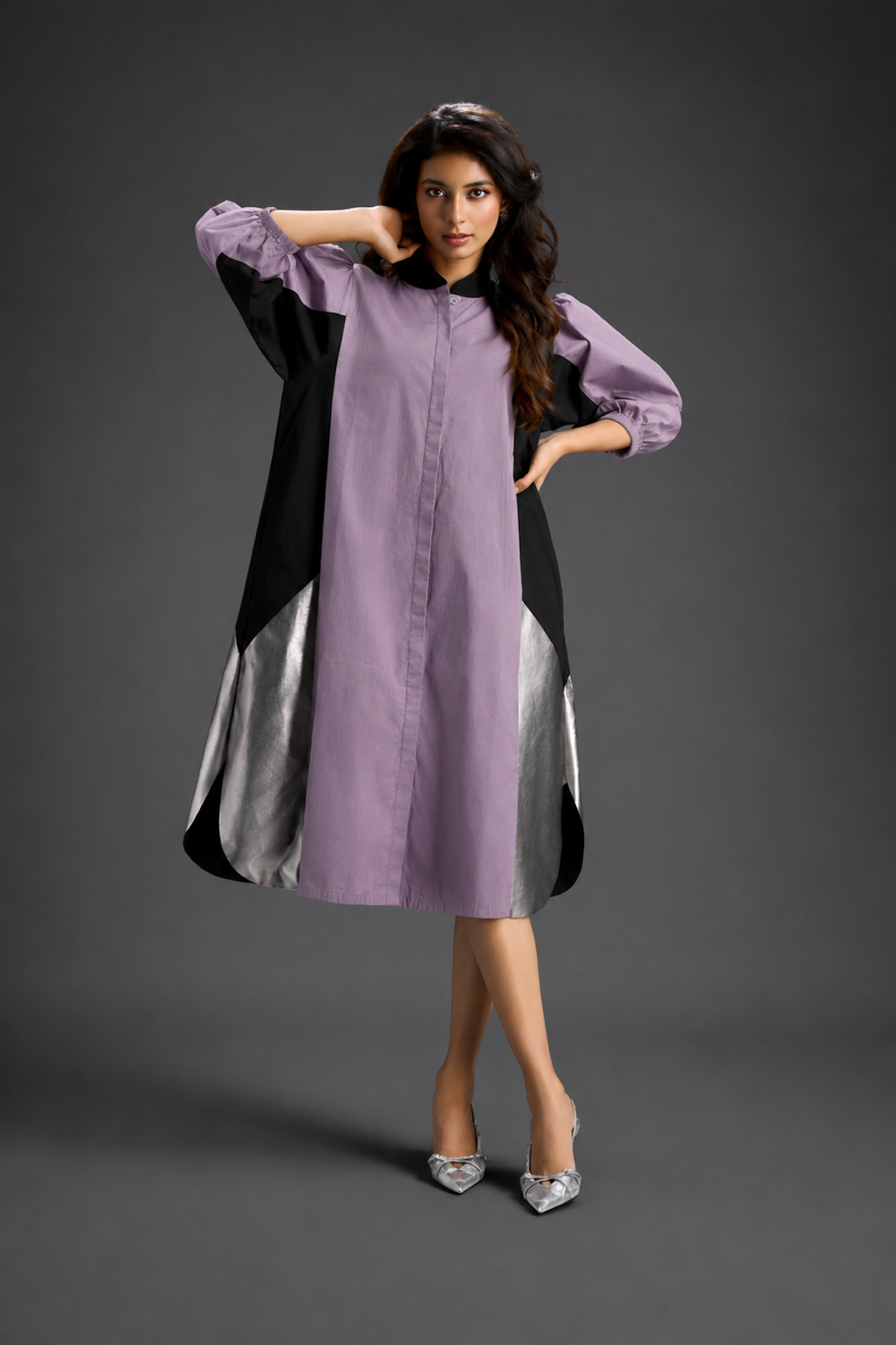 Ash Pink Shirt Dress With Black Panels And Metallic Side Detailing