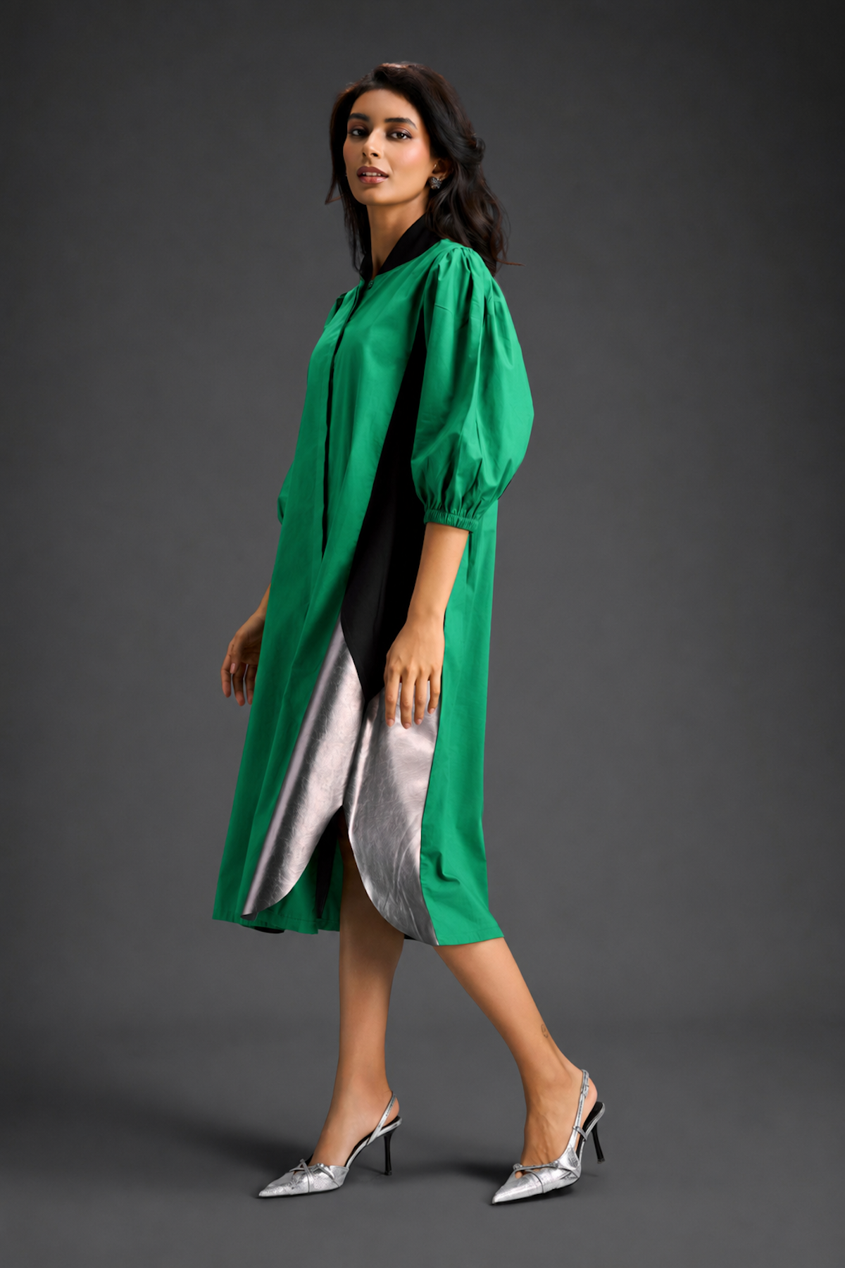 Parrot  Green Shirt Dress With Black Panels And Metallic Side Detailing