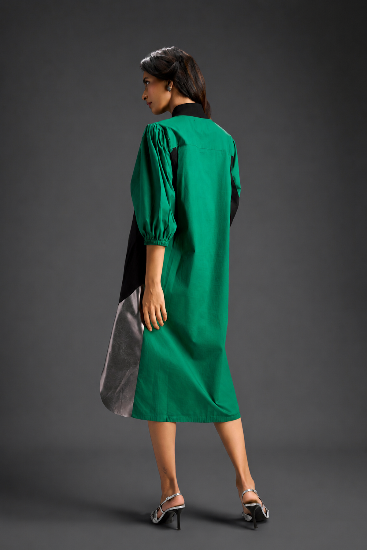 Parrot  Green Shirt Dress With Black Panels And Metallic Side Detailing