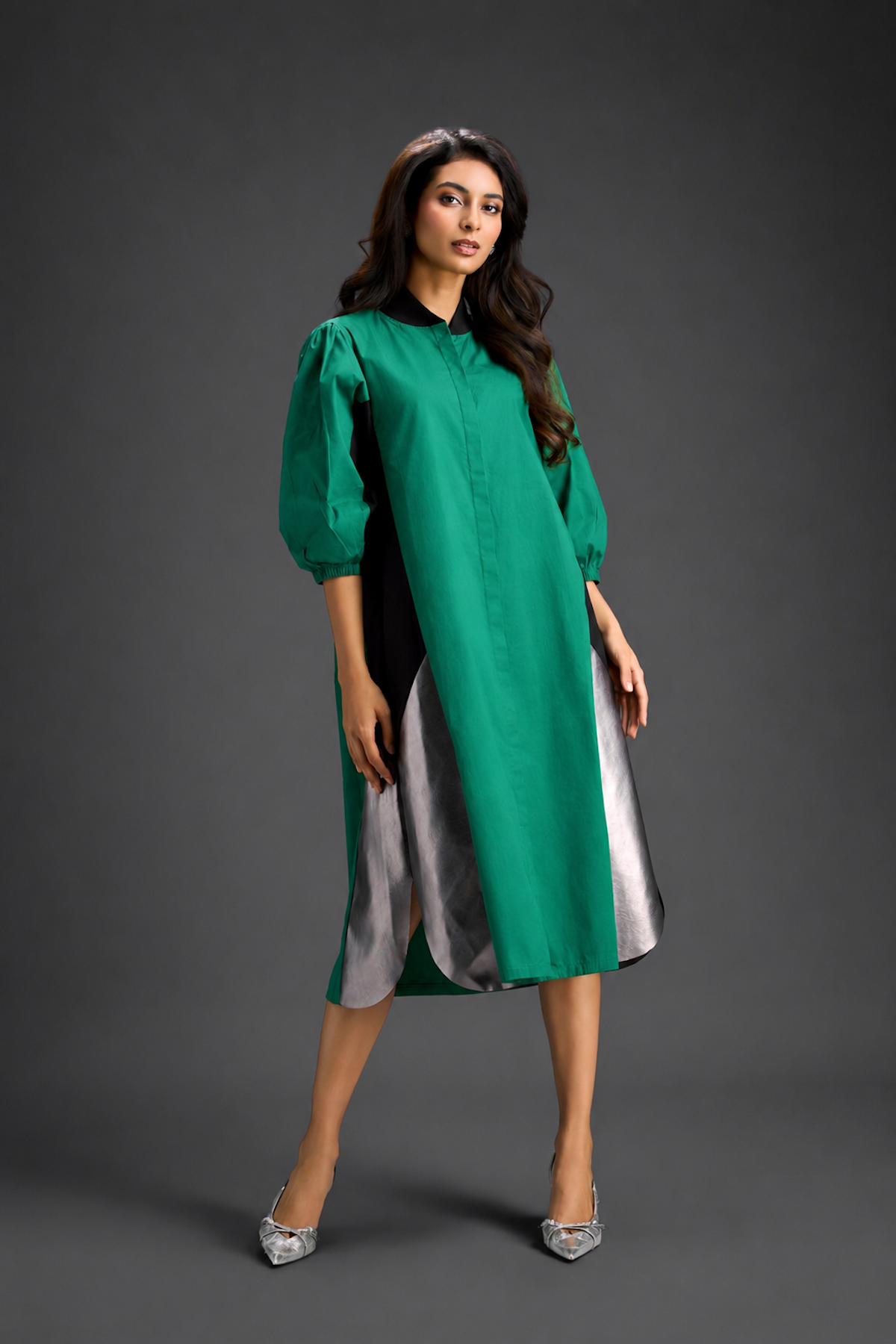 Parrot  Green Shirt Dress With Black Panels And Metallic Side Detailing