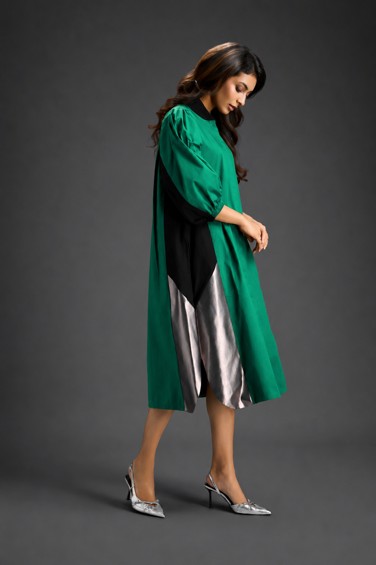 Parrot  Green Shirt Dress With Black Panels And Metallic Side Detailing