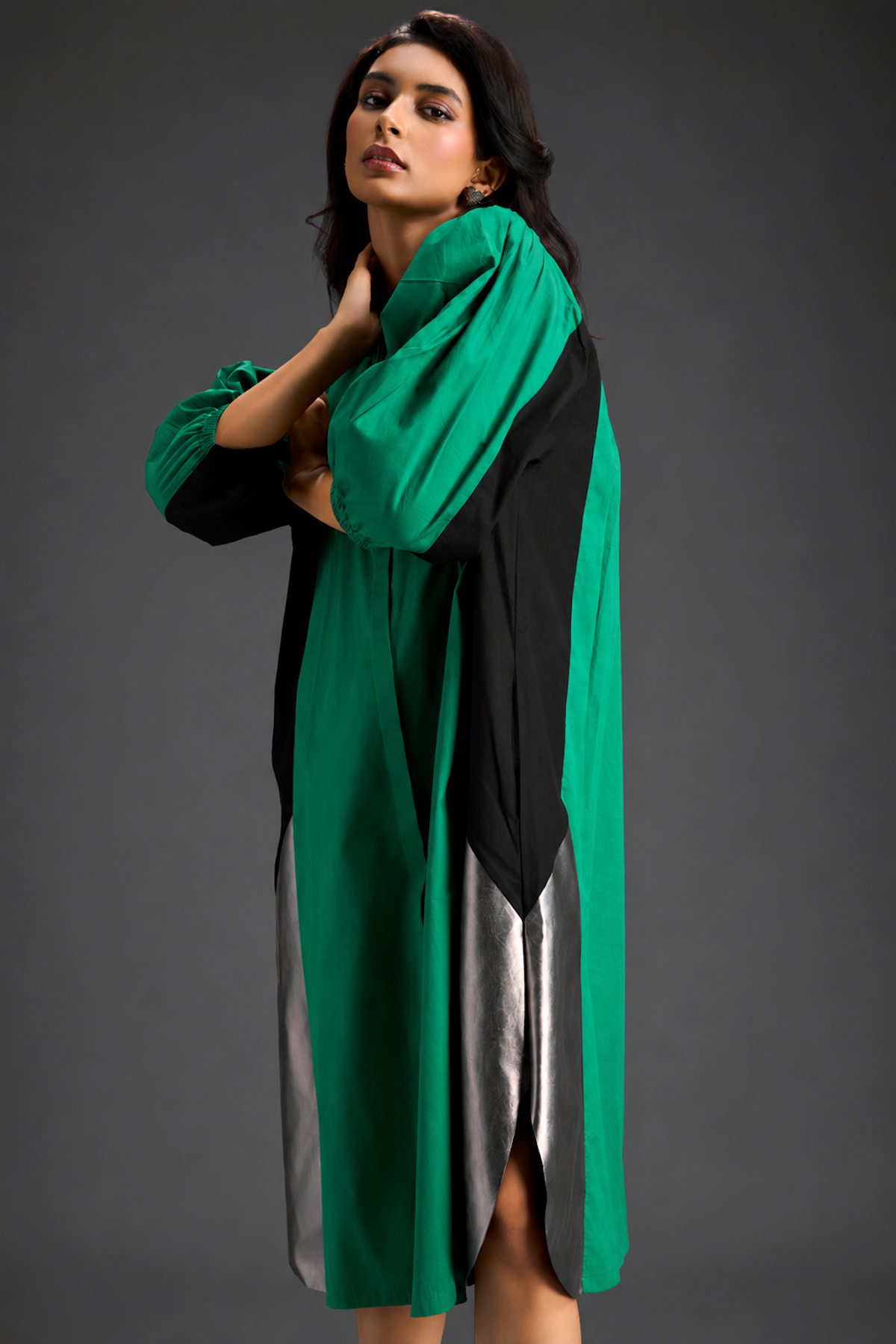Parrot  Green Shirt Dress With Black Panels And Metallic Side Detailing