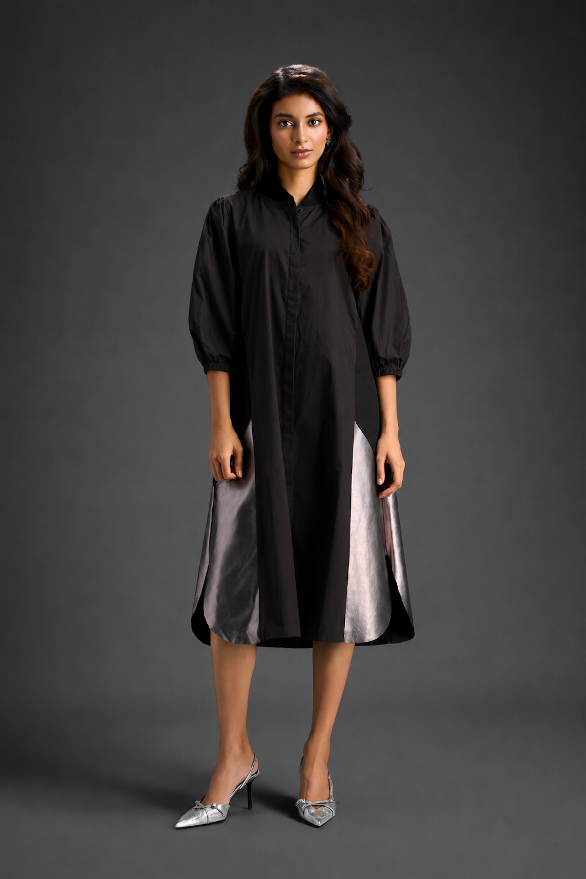 Dark Brown Shirt Dress With Black Panels And Metallic Side Detailing