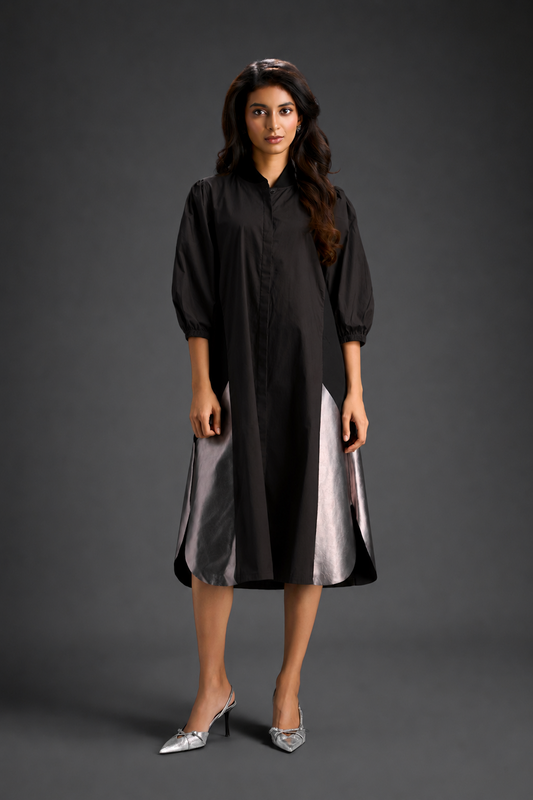 Dark Brown Shirt Dress With Black Panels And Metallic Side Detailing