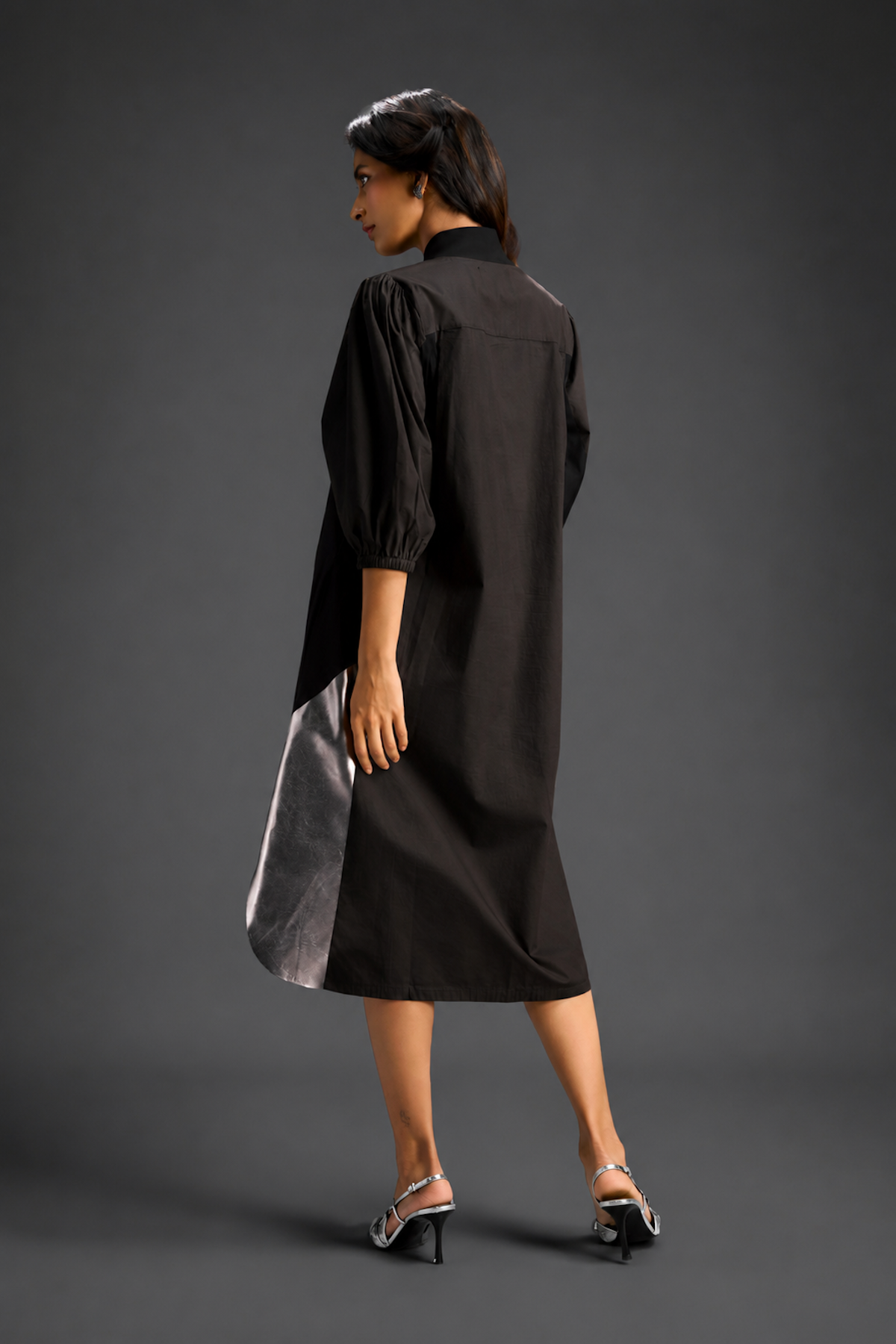 Dark Brown Shirt Dress With Black Panels And Metallic Side Detailing