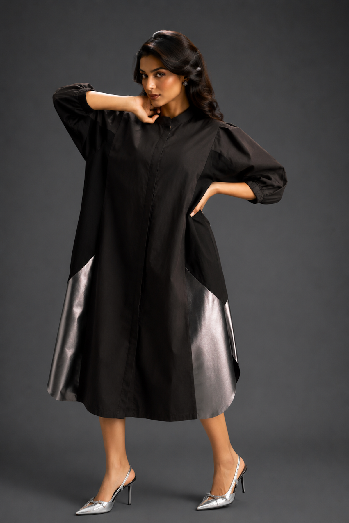 Dark Brown Shirt Dress With Black Panels And Metallic Side Detailing