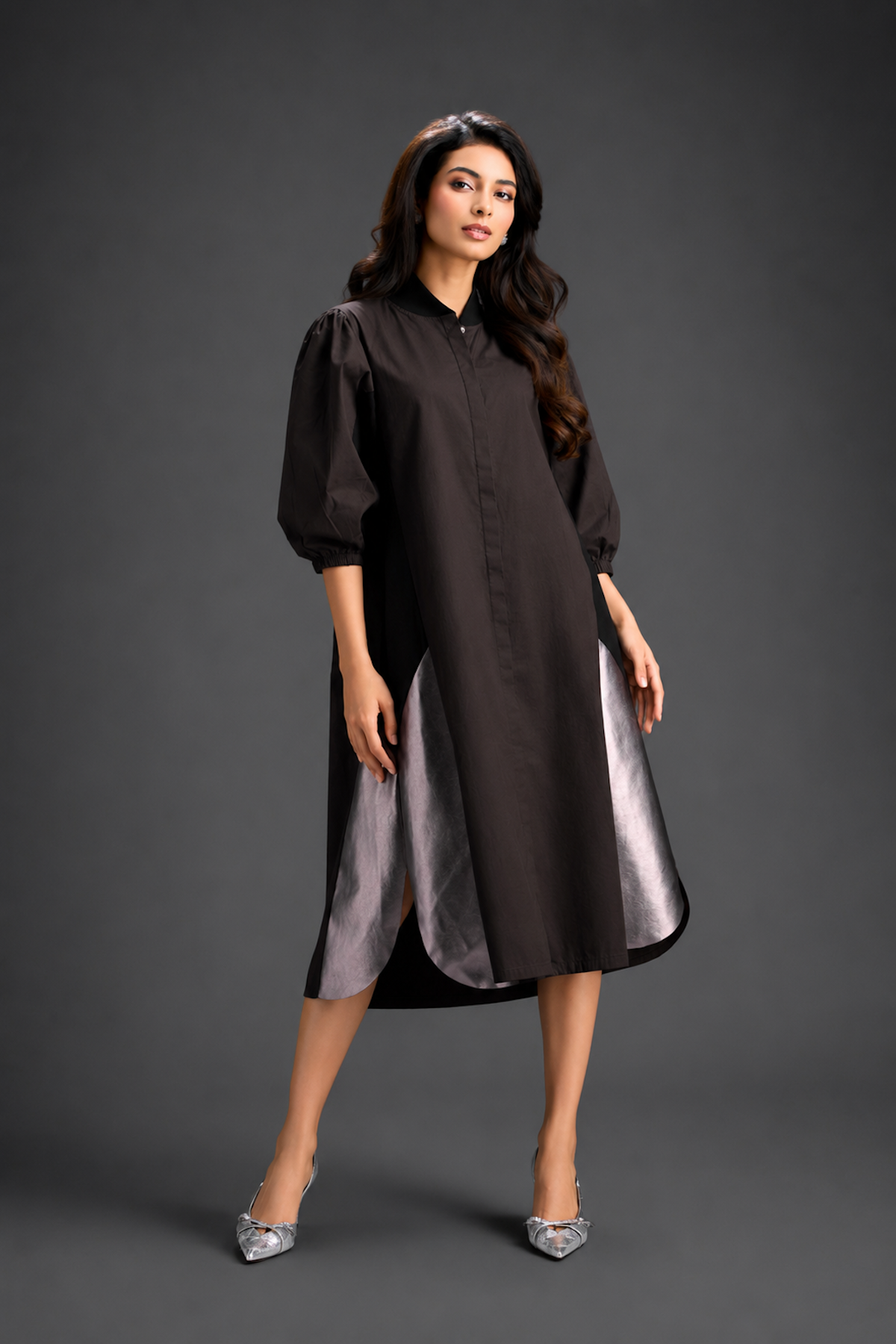 Dark Brown Shirt Dress With Black Panels And Metallic Side Detailing