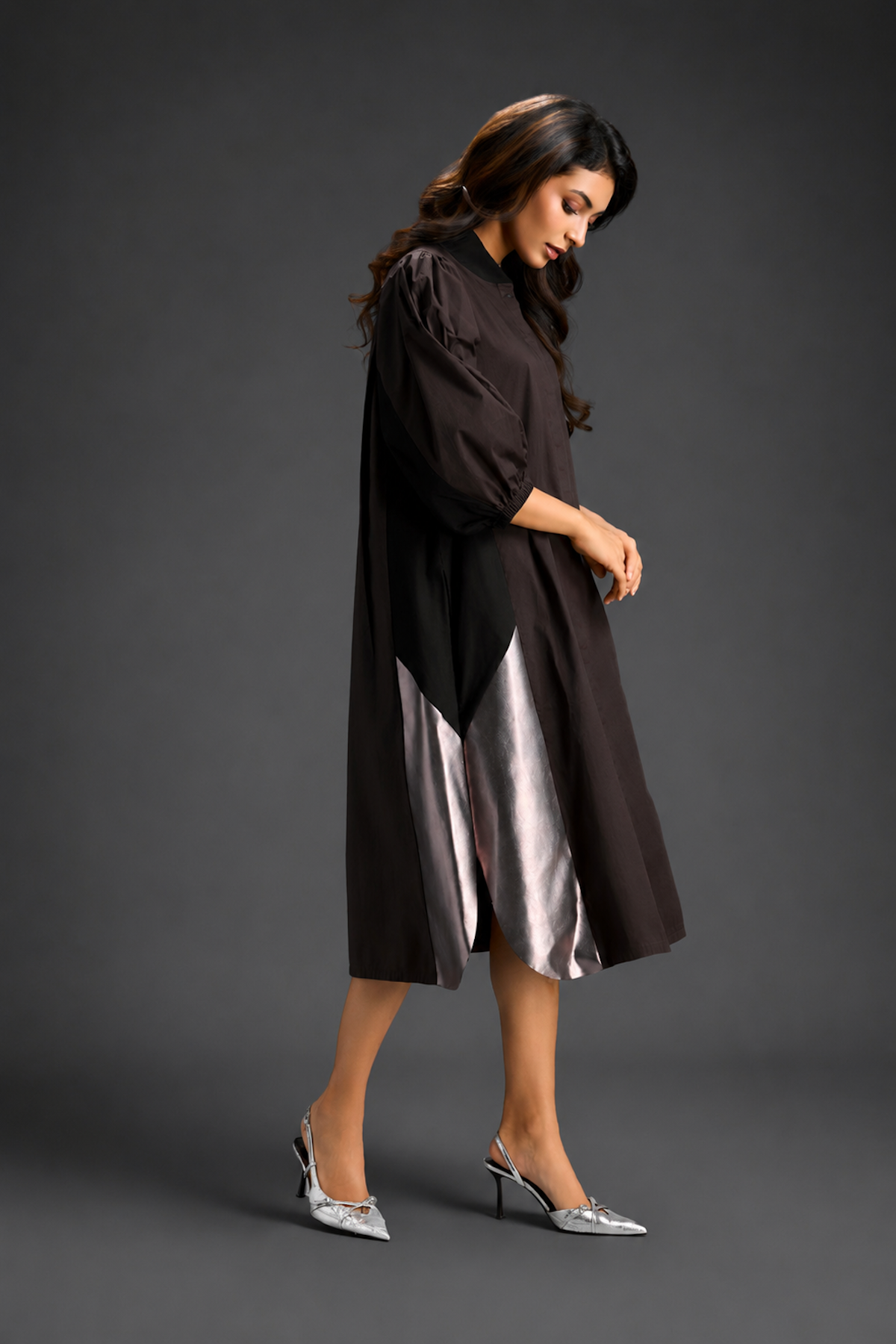 Dark Brown Shirt Dress With Black Panels And Metallic Side Detailing
