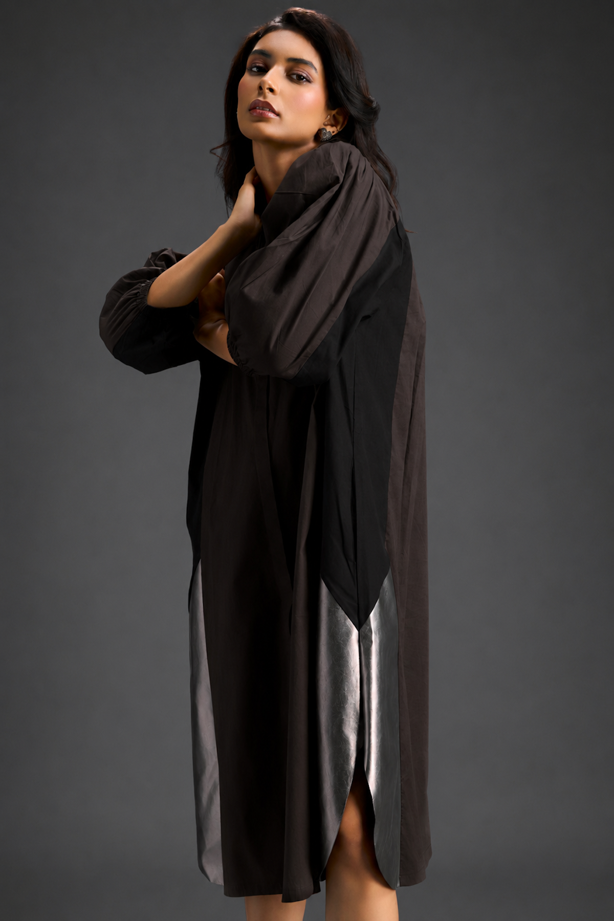 Dark Brown Shirt Dress With Black Panels And Metallic Side Detailing