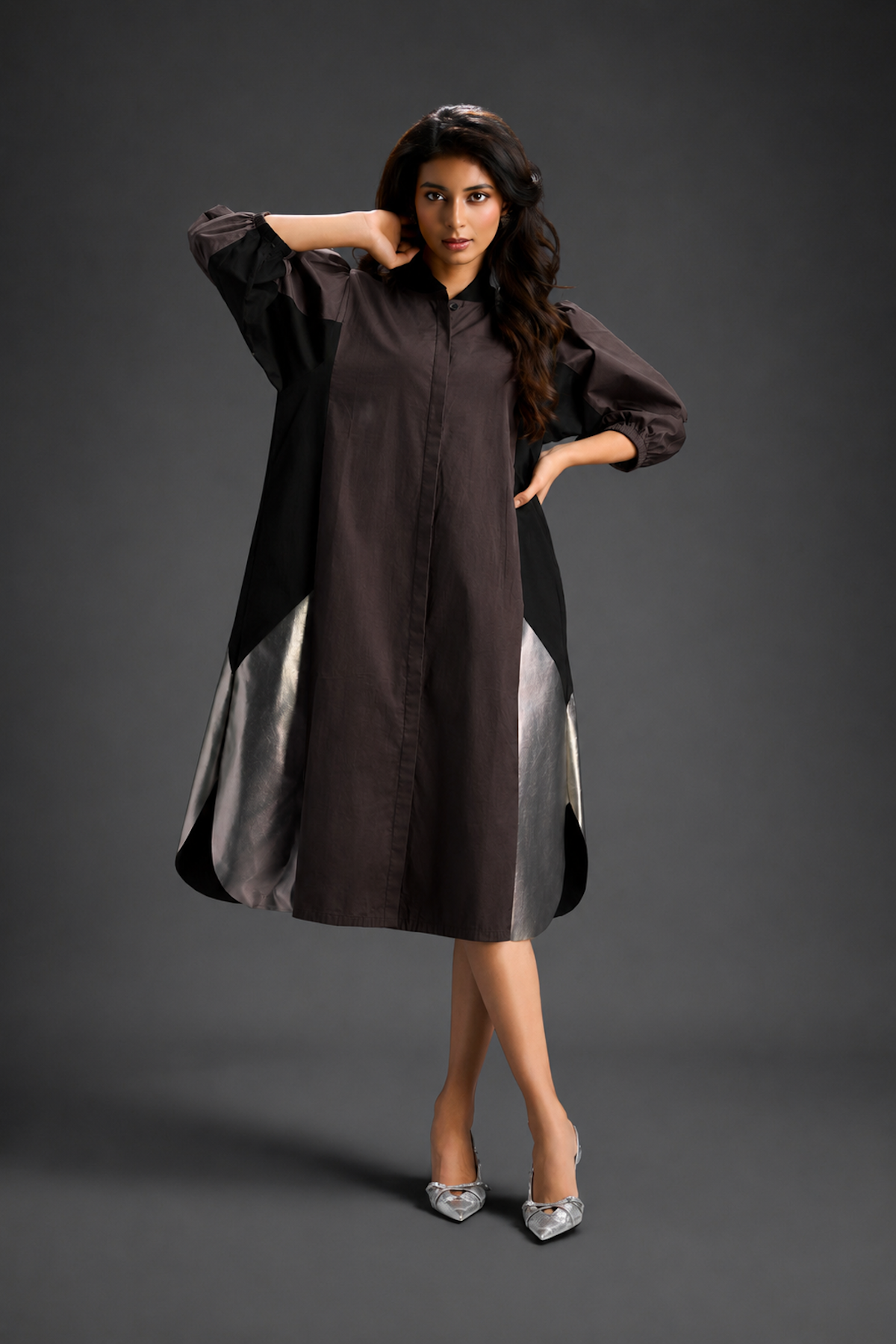 Dark Brown Shirt Dress With Black Panels And Metallic Side Detailing