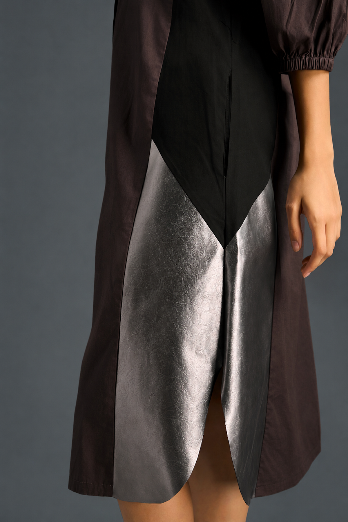 Dark Brown Shirt Dress With Black Panels And Metallic Side Detailing