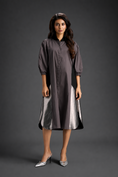 Load image into Gallery viewer, Warm Grey Shirt Dress With Black Panels And Metallic Side Detailing
