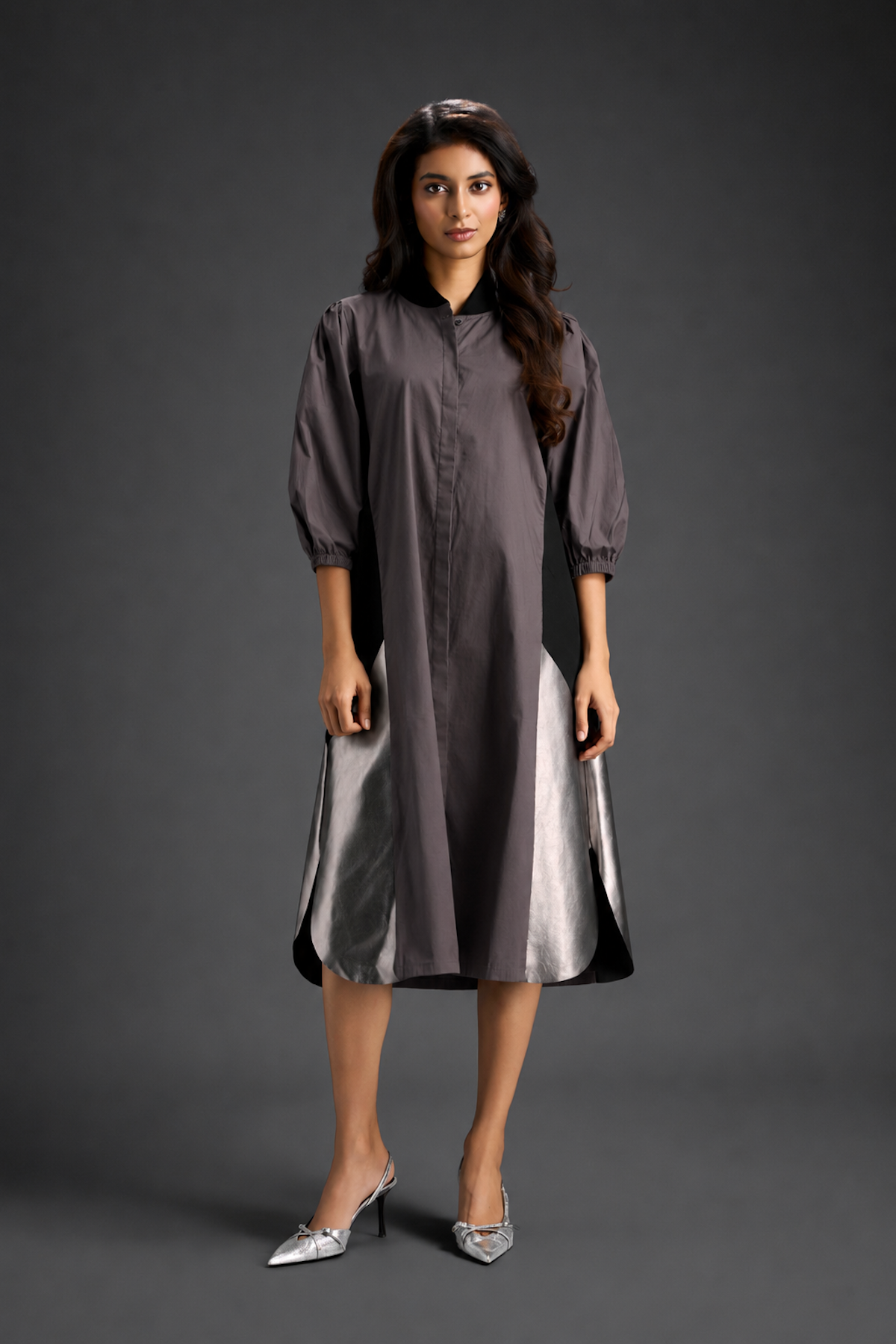 Warm Grey Shirt Dress With Black Panels And Metallic Side Detailing
