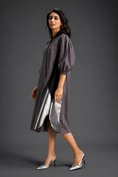Load image into Gallery viewer, Warm Grey Shirt Dress With Black Panels And Metallic Side Detailing
