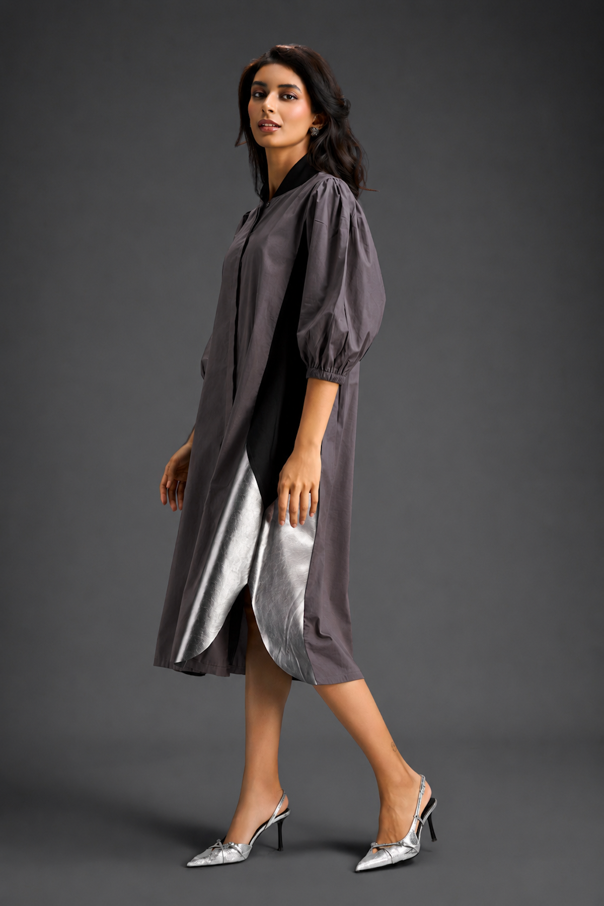 Warm Grey Shirt Dress With Black Panels And Metallic Side Detailing