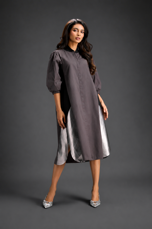 Warm Grey Shirt Dress With Black Panels And Metallic Side Detailing