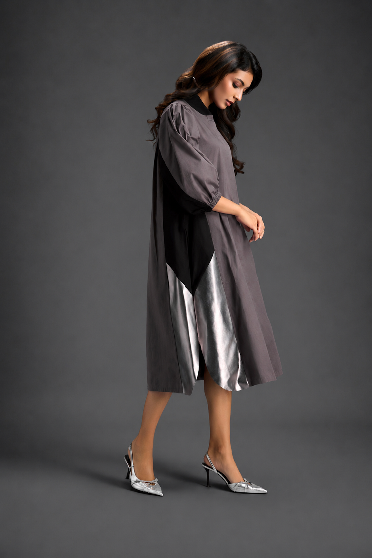 Warm Grey Shirt Dress With Black Panels And Metallic Side Detailing