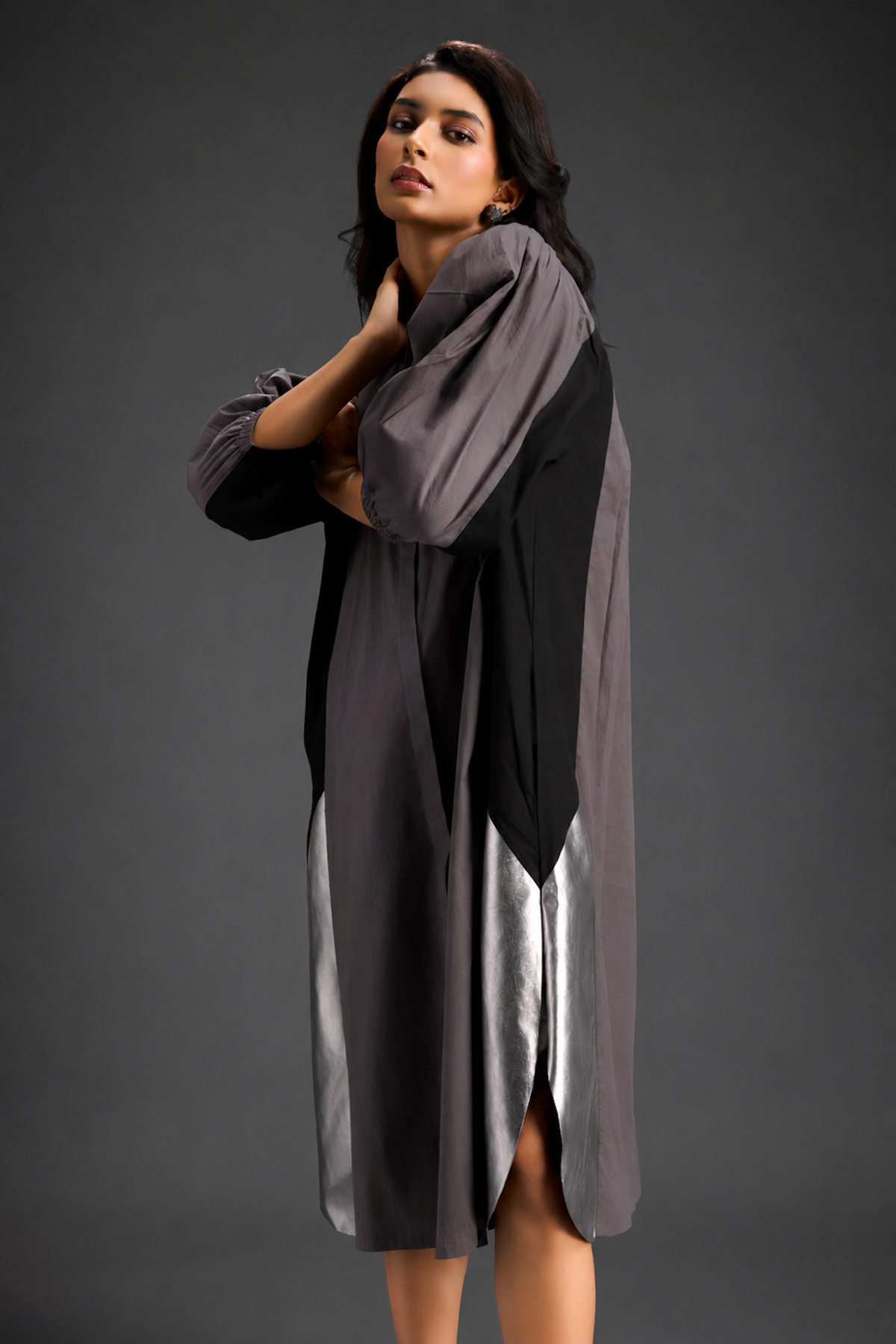 Warm Grey Shirt Dress With Black Panels And Metallic Side Detailing