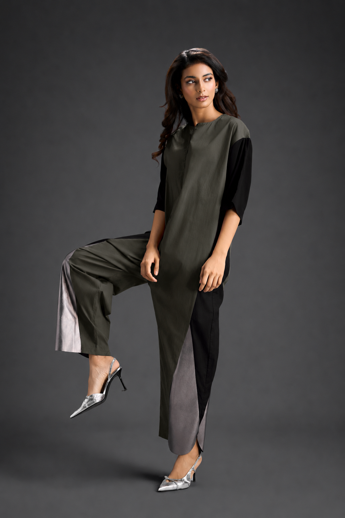 Colorblock Jumpsuit In Dark Green  , Black & Metallic Panels With Relaxed Fit