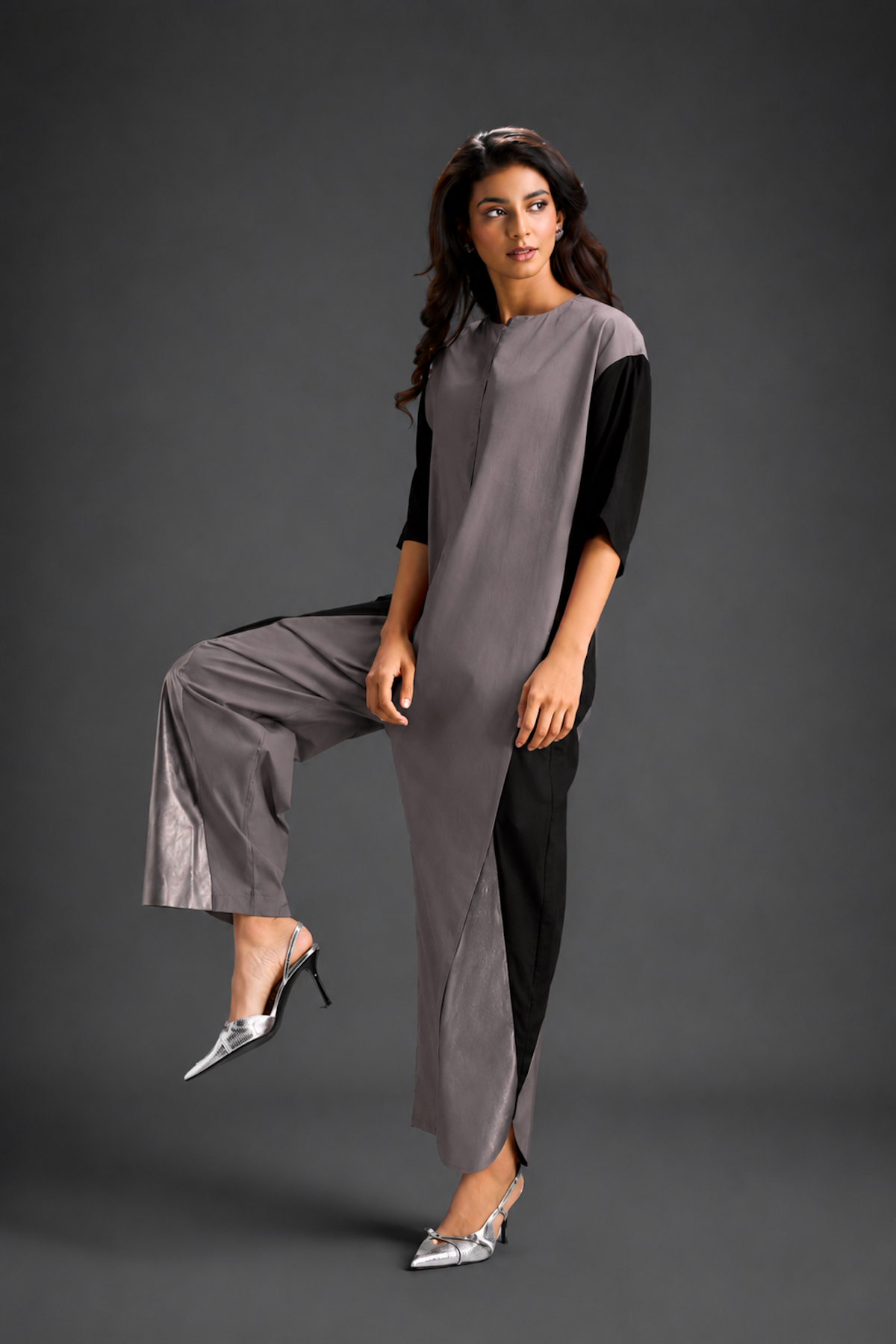 Colorblock Jumpsuit In Warm Grey , Black & Metallic Panels With Relaxed Fit
