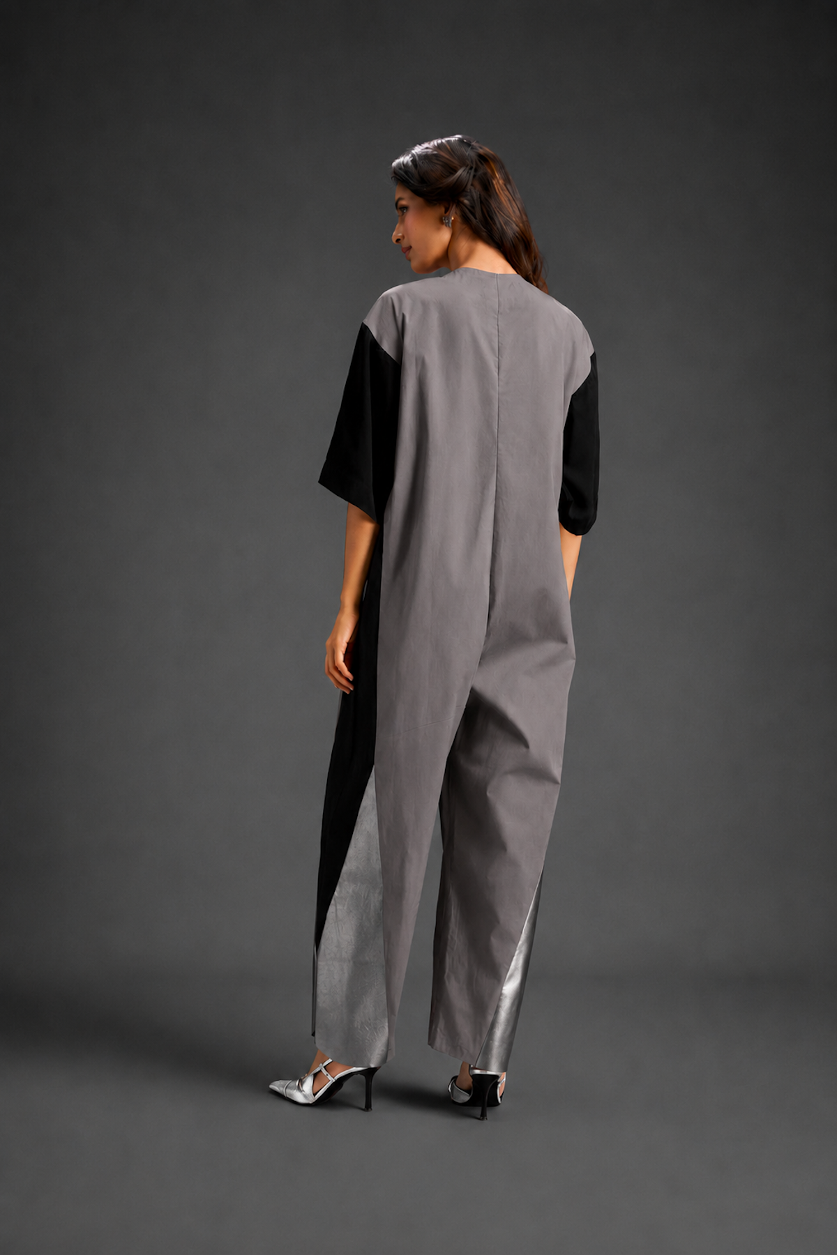 Colorblock Jumpsuit In Warm Grey , Black & Metallic Panels With Relaxed Fit